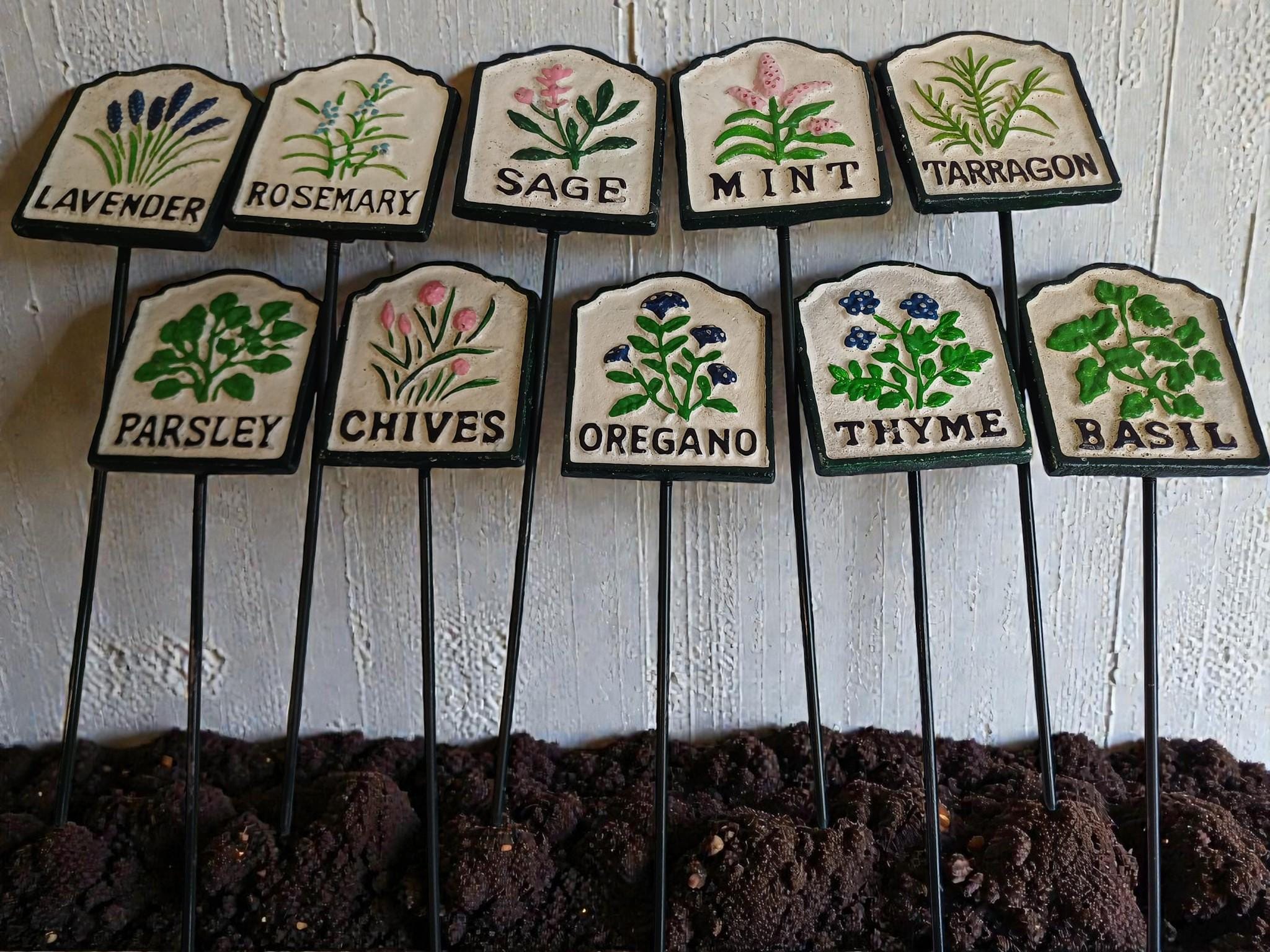 Hand-Painted Cast Iron Herb Garden Signs | Plant Markers, Garden Decor