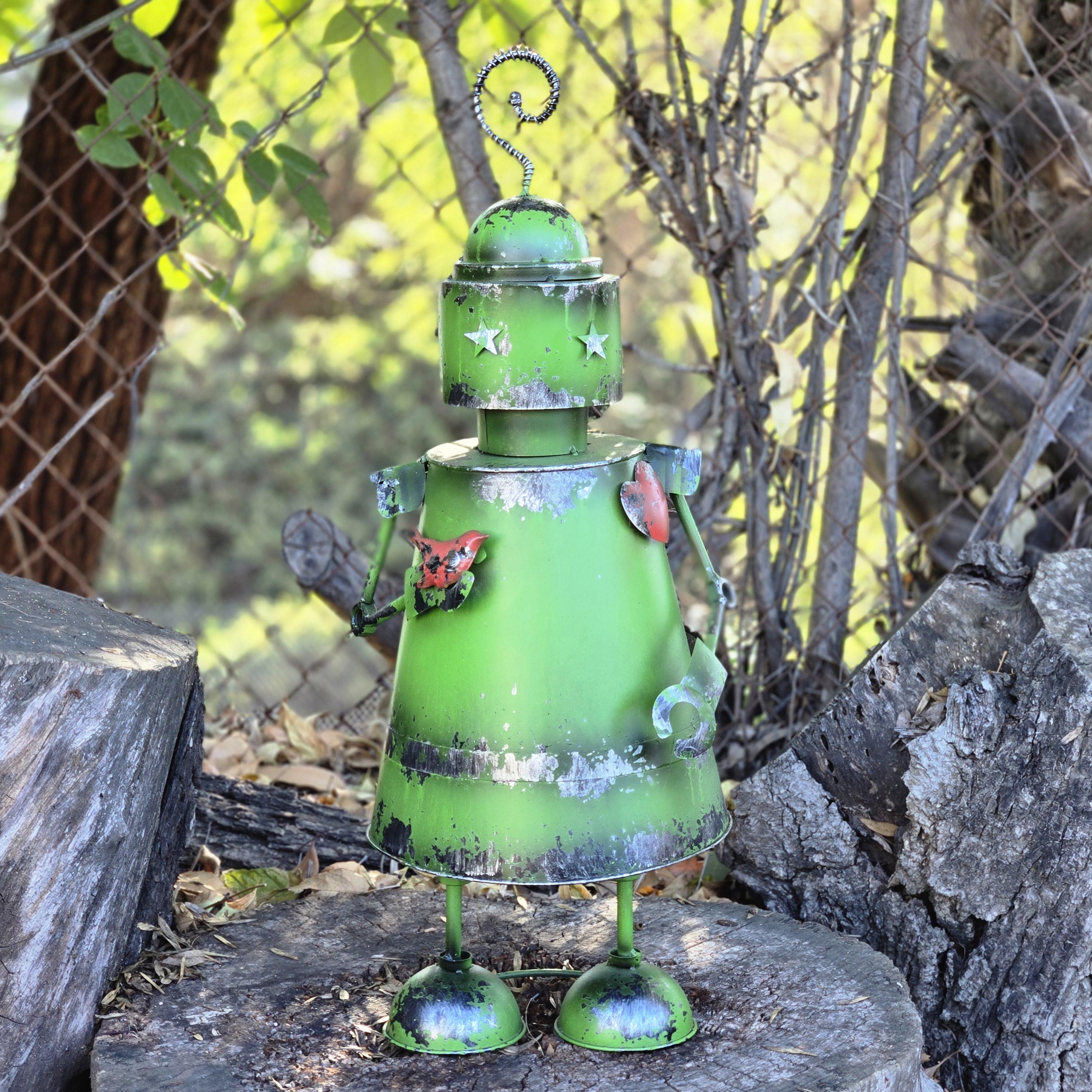 Green Metal Robot Garden Decor – Valentine’s Day Garden Gift, Rustic Outdoor Yard Art
