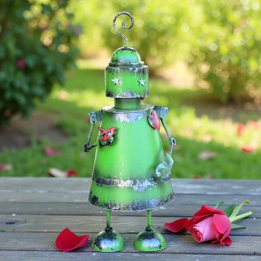 Green Metal Robot Garden Decor – Valentine’s Day Garden Gift, Rustic Outdoor Yard Art
