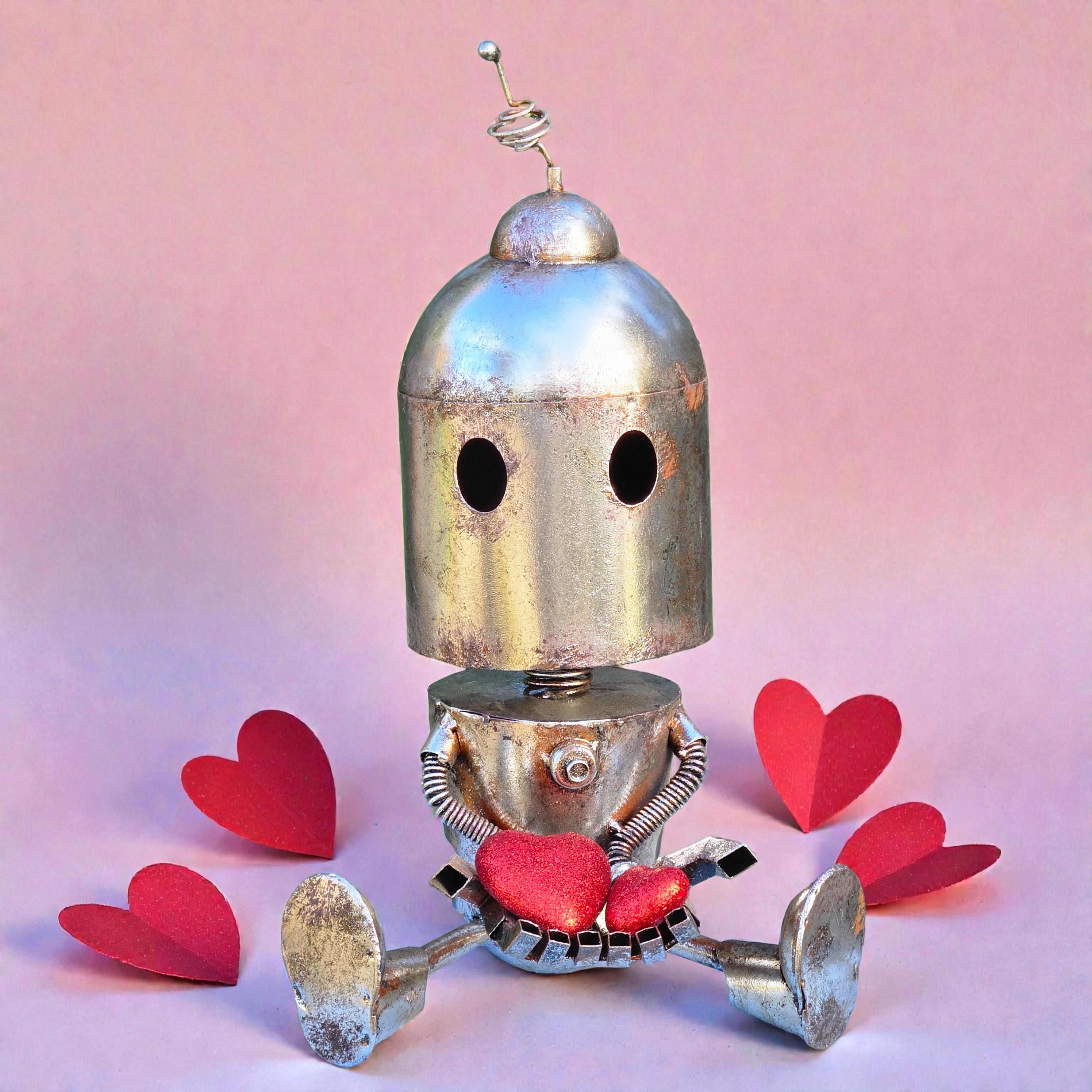 Handmade Metal Robot Sculpture – Rustic Valentine's Day Garden Art