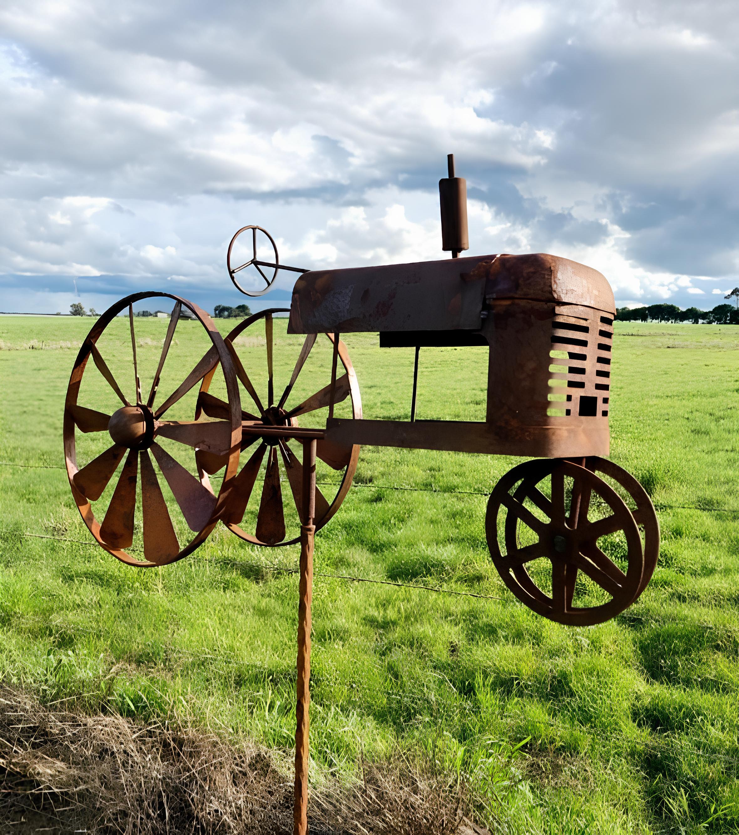 Rusty Metal Tractor Wind Spinner Garden Ornament – Vintage Farm Style Windmill Stake Decoration