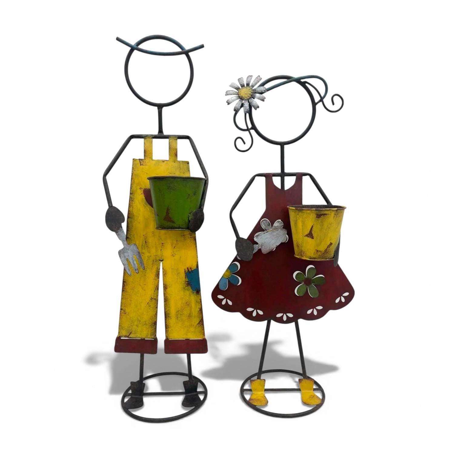 32"H Rustic Metal Garden Statues: Handcrafted Boy & Girl Sculpture Set