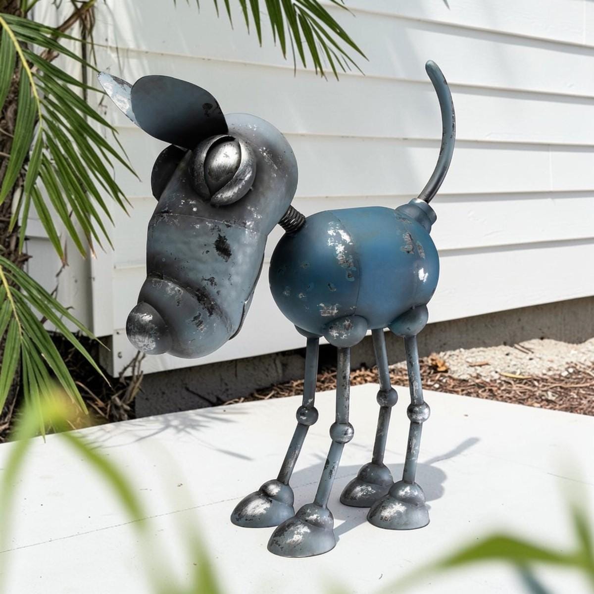 Rustic Metal Robot Dog Sculpture – Industrial Vintage Yard Art Outdoor Decor