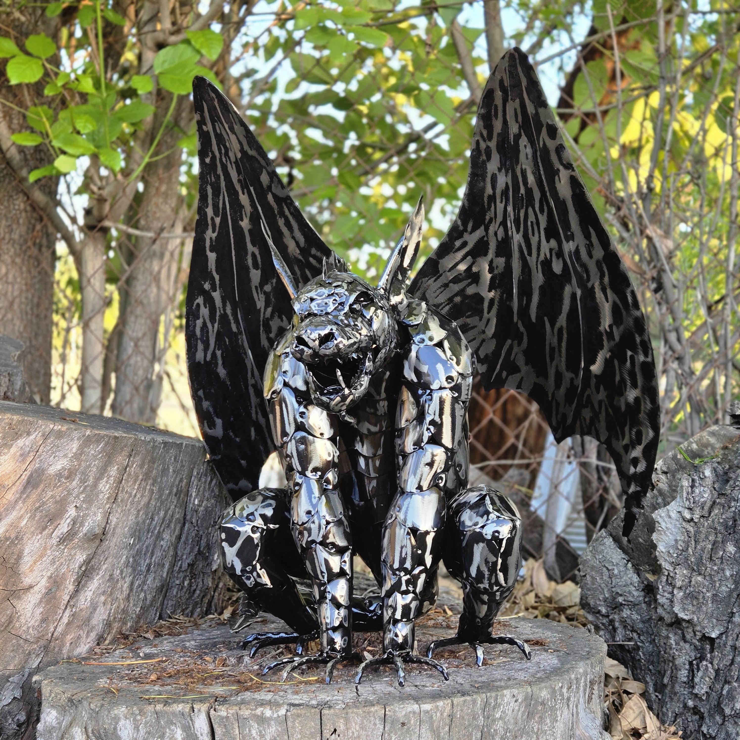 Metal Gargoyle Garden Decor – Gothic Winged Dragon Sculpture, Rustic Outdoor Yard Art Statue