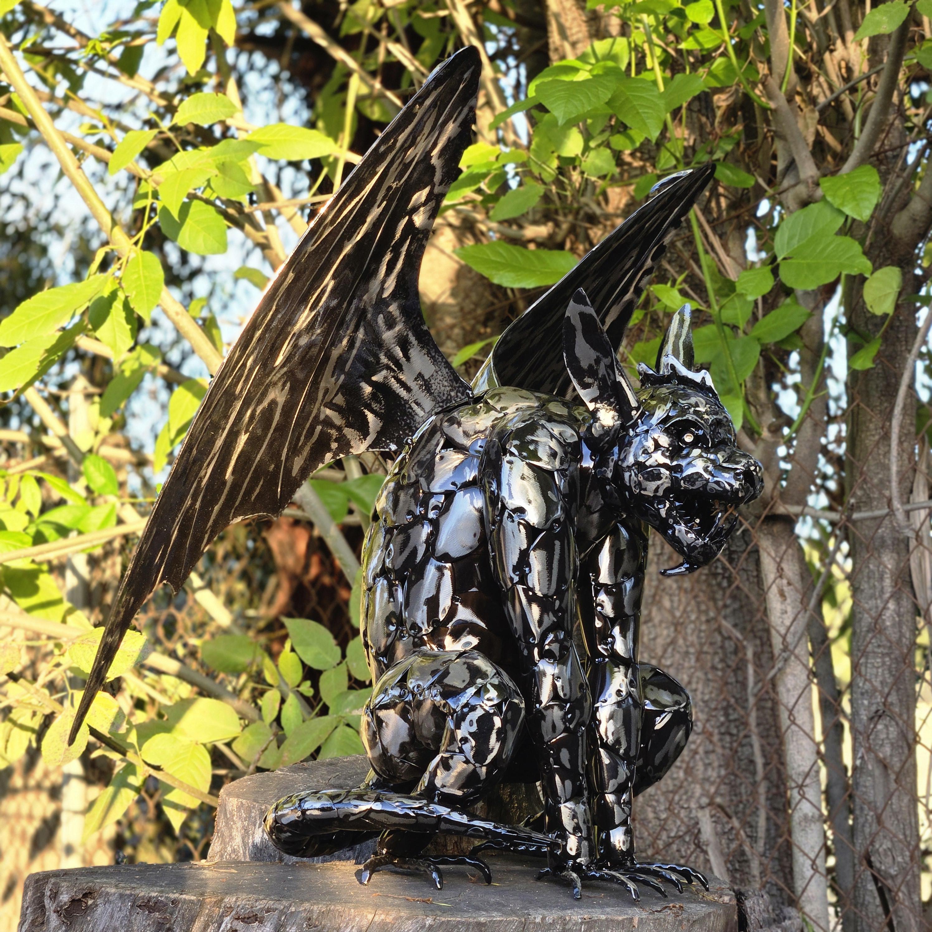 Metal Gargoyle Garden Decor – Gothic Winged Dragon Sculpture, Rustic Outdoor Yard Art Statue