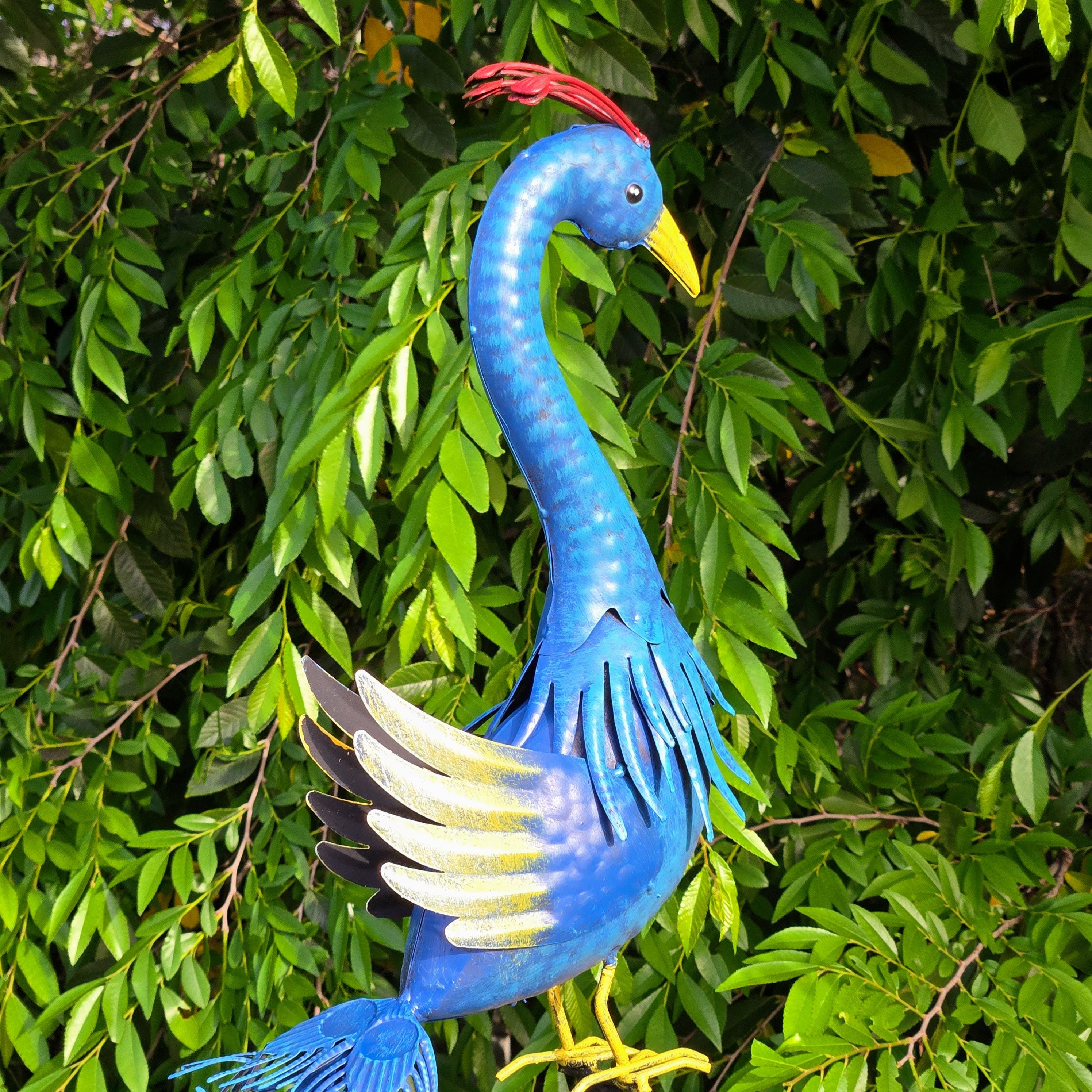 Kinetic Metal Peacock Garden Stake – Rustic Balancing Yard Art, Blue Outdoor Farmhouse Lawn Decor