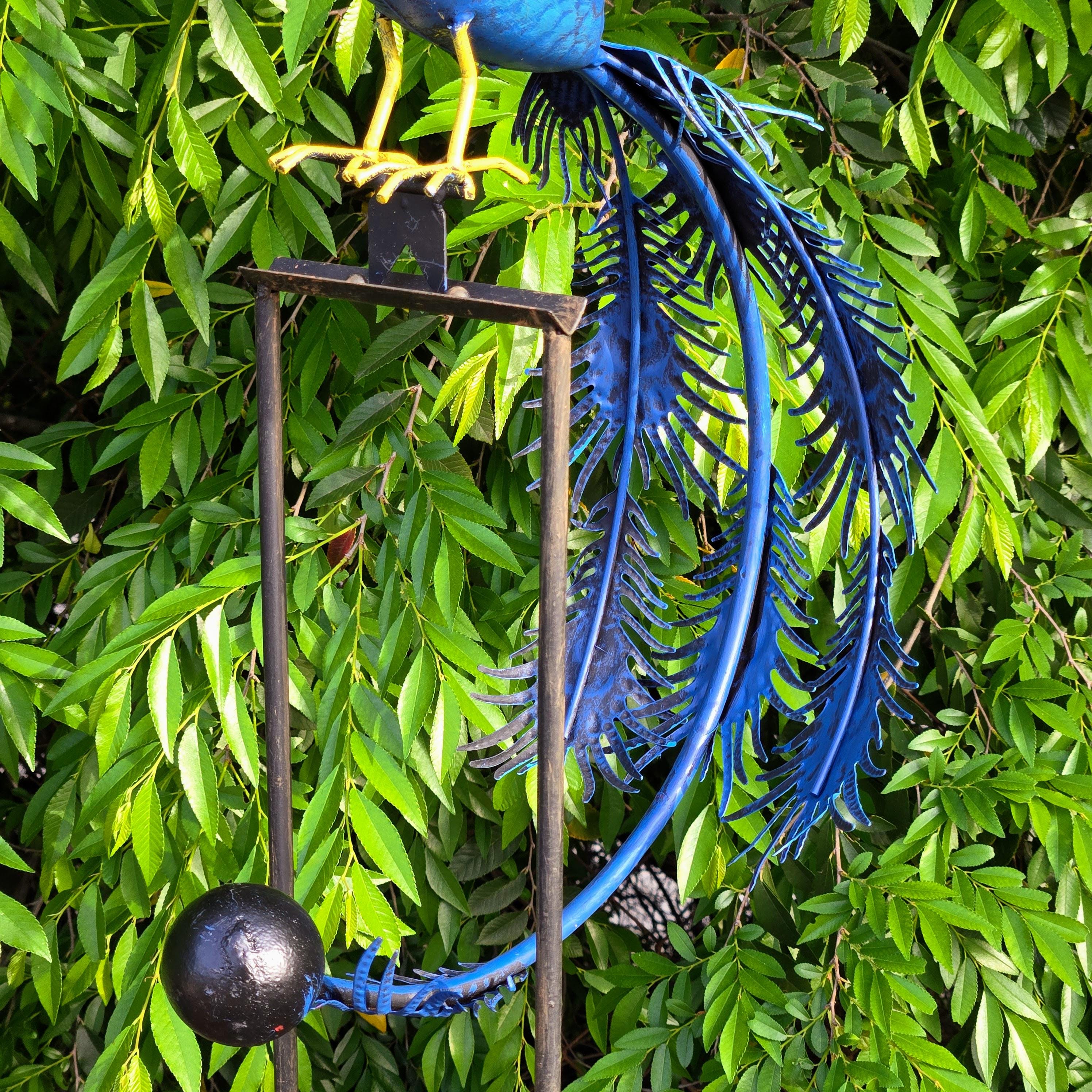 Kinetic Metal Peacock Garden Stake – Rustic Balancing Yard Art, Blue Outdoor Farmhouse Lawn Decor