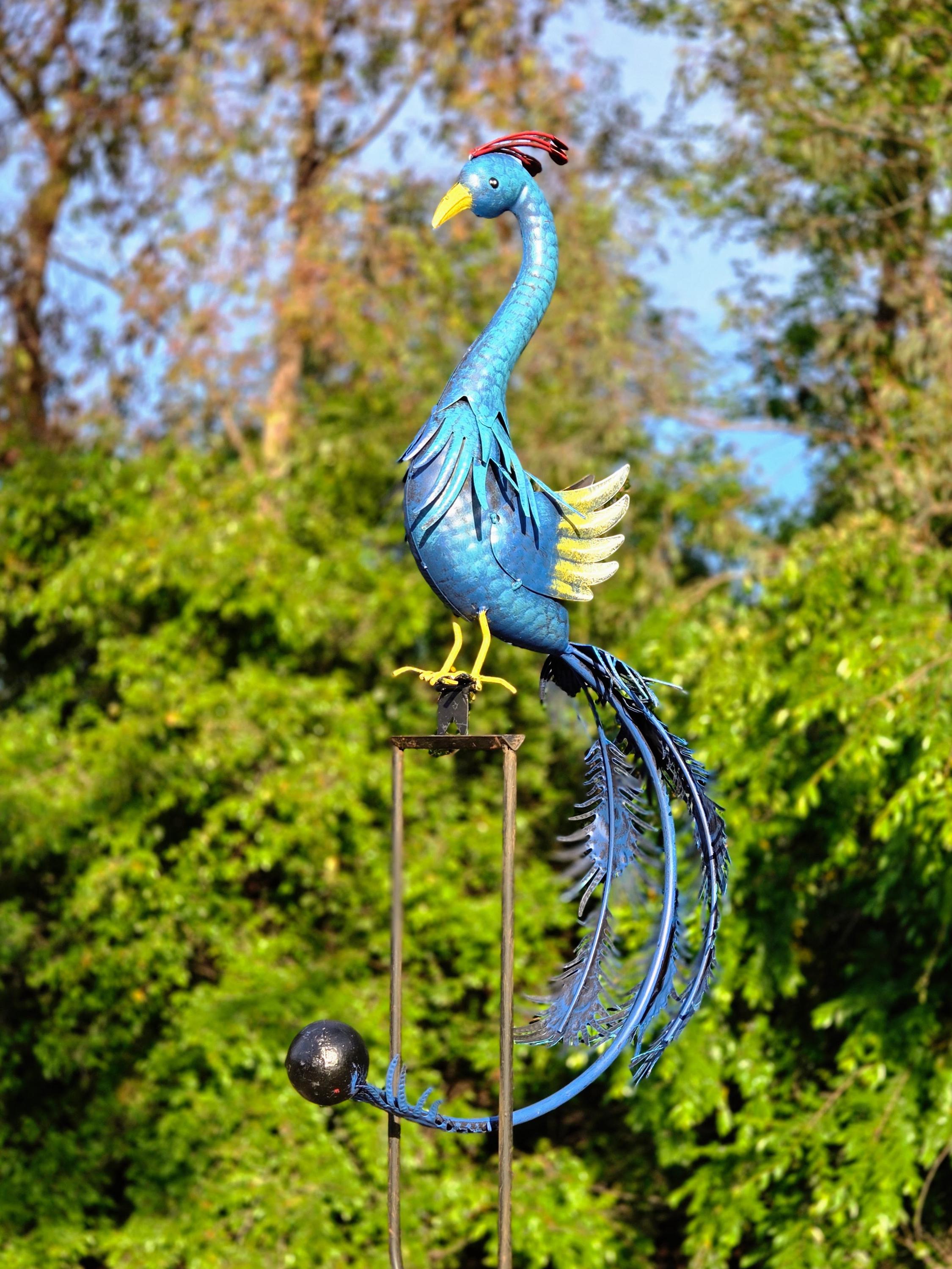 Kinetic Metal Peacock Garden Stake – Rustic Balancing Yard Art, Blue Outdoor Farmhouse Lawn Decor