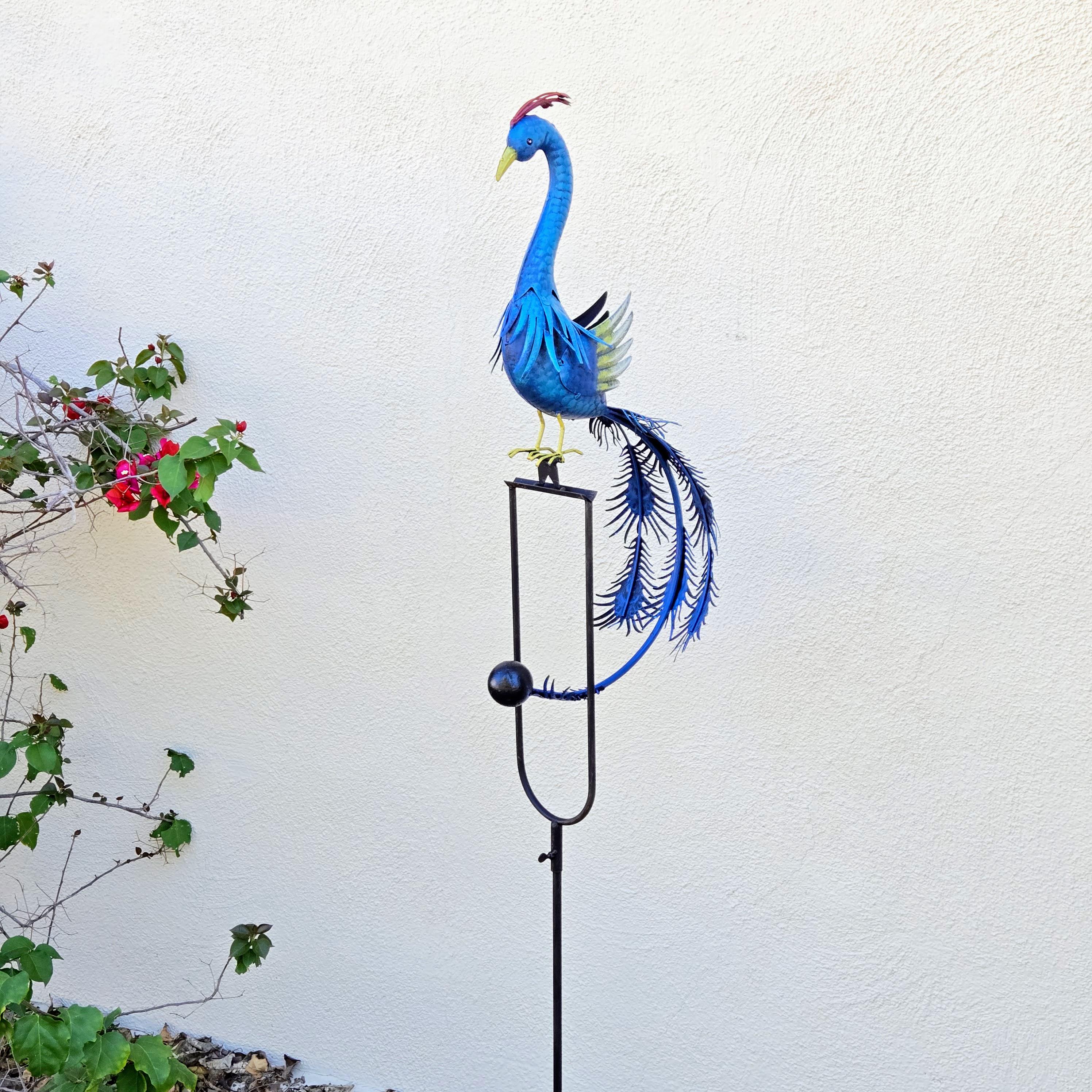 Kinetic Metal Peacock Garden Stake – Rustic Balancing Yard Art, Blue Outdoor Farmhouse Lawn Decor