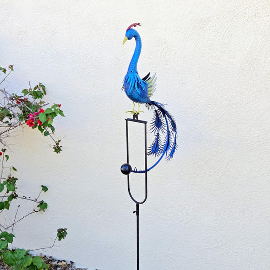 Kinetic Metal Peacock Garden Stake – Rustic Balancing Yard Art, Blue Outdoor Farmhouse Lawn Decor