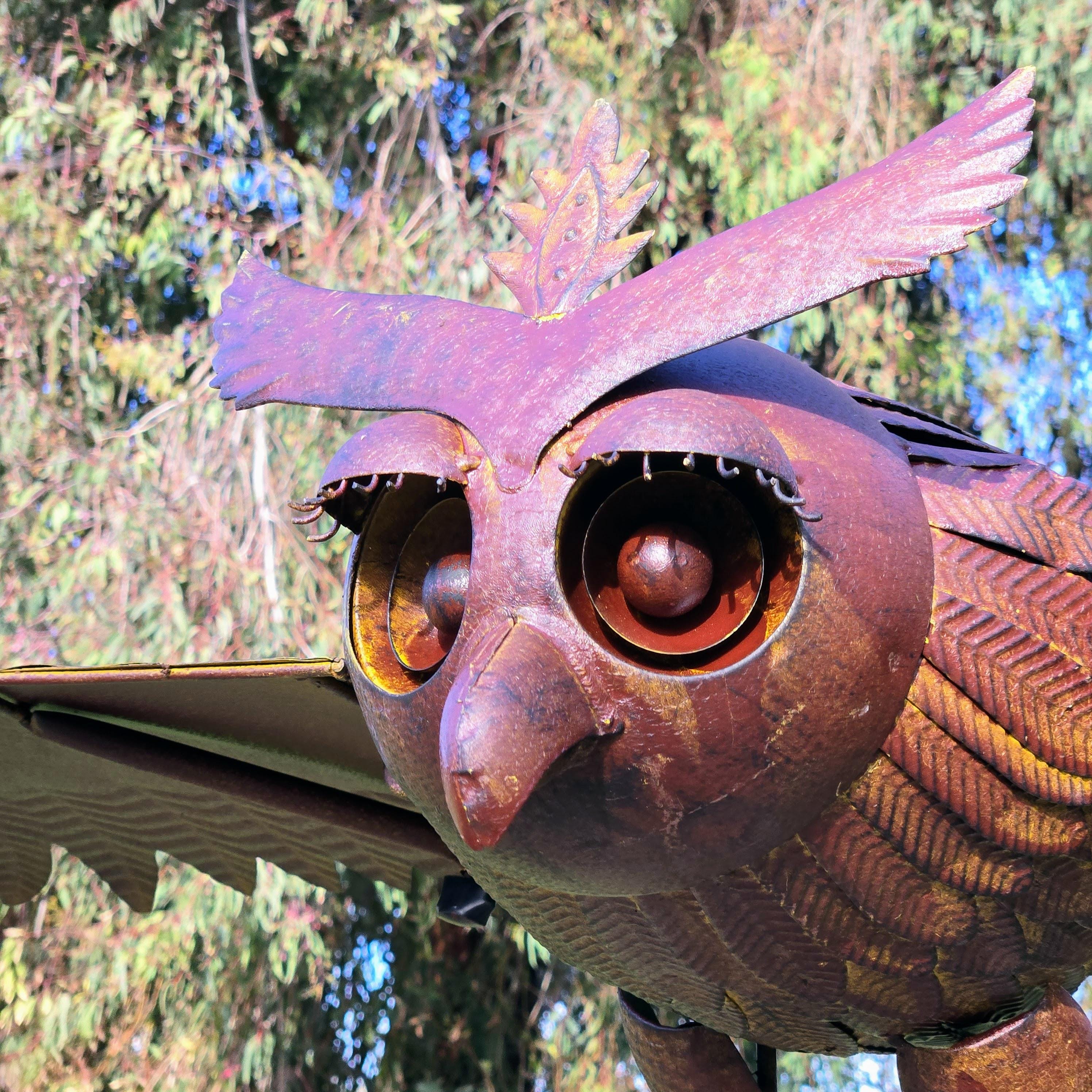 Large Kinetic Metal Owl Sculpture – Rustic Outdoor Garden Art, Balancing Farmhouse Porch Decor