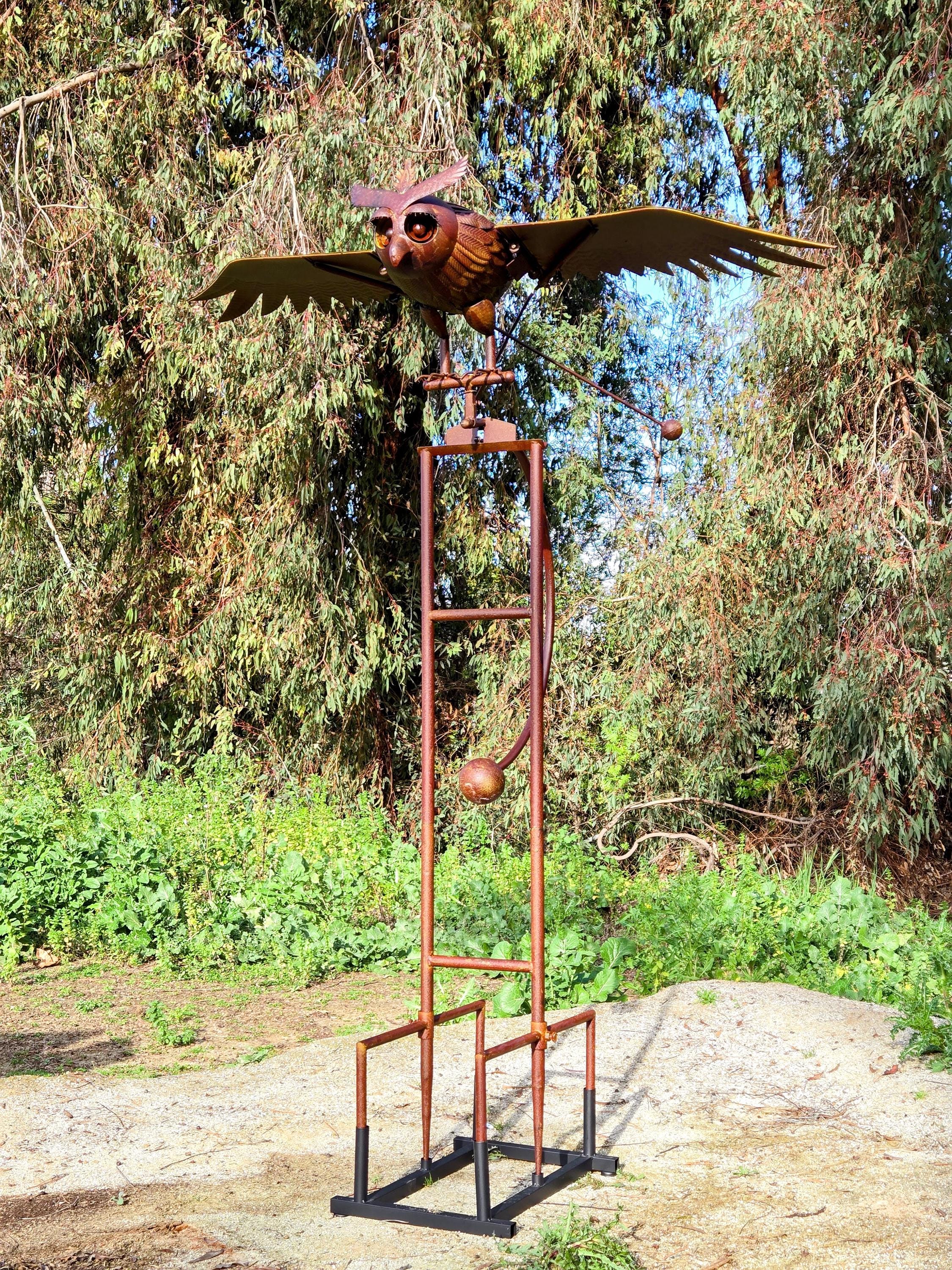 Large Kinetic Metal Owl Sculpture – Rustic Outdoor Garden Art, Balancing Farmhouse Porch Decor