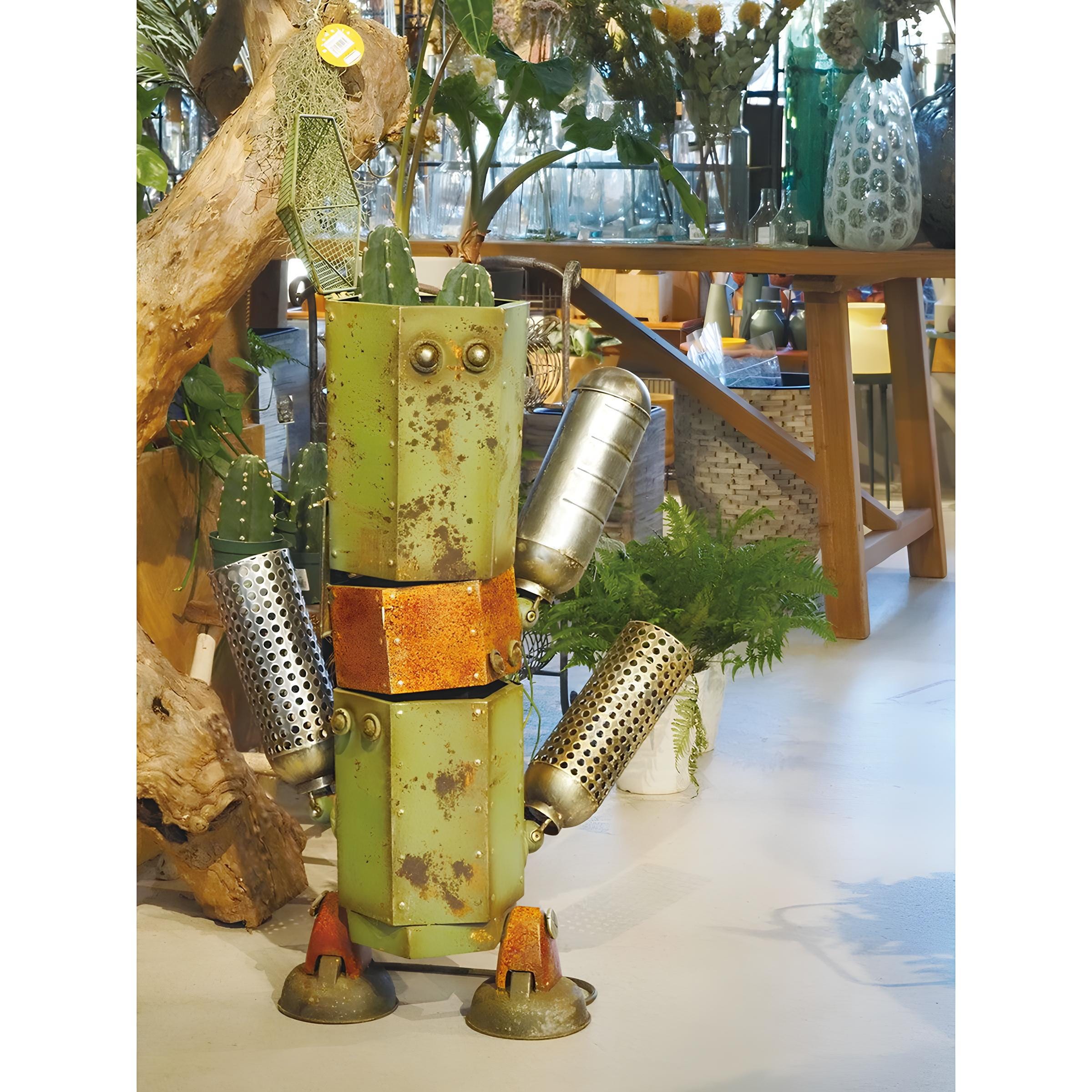 Cactus Robot Metal Garden Sculpture – Rustic Industrial Planter Yard Art for Outdoor Garden Patio