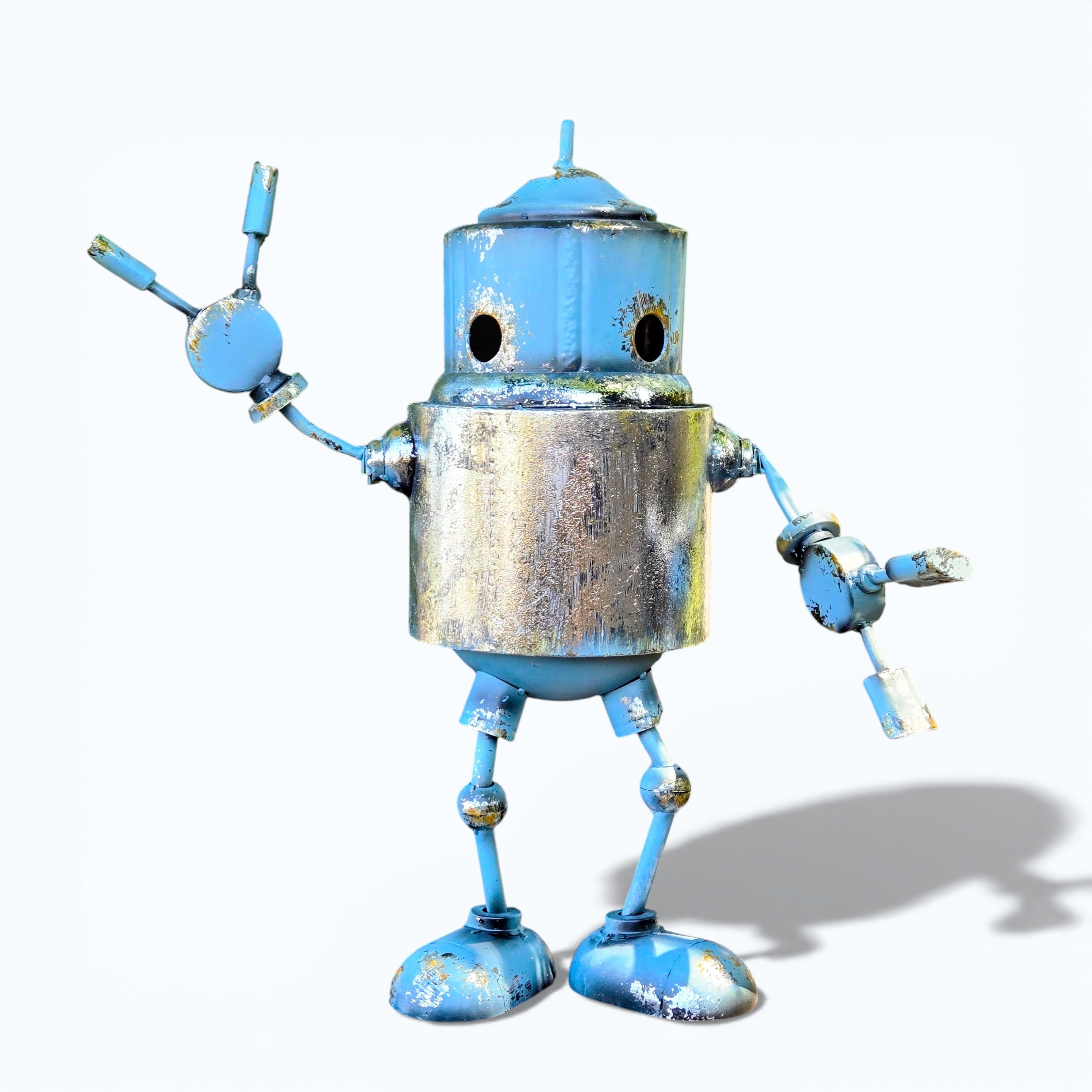 Blue Metal Robot Garden Sculpture – Rustic Industrial Yard Art Outdoor Garden Decor