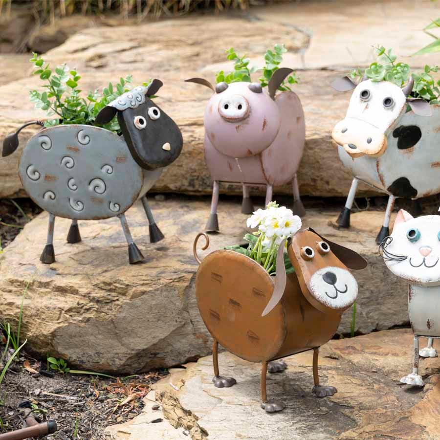 Metal Farm Animal Planters – Rustic Farmhouse Garden Decor Cow Pig Sheep Dog Cat