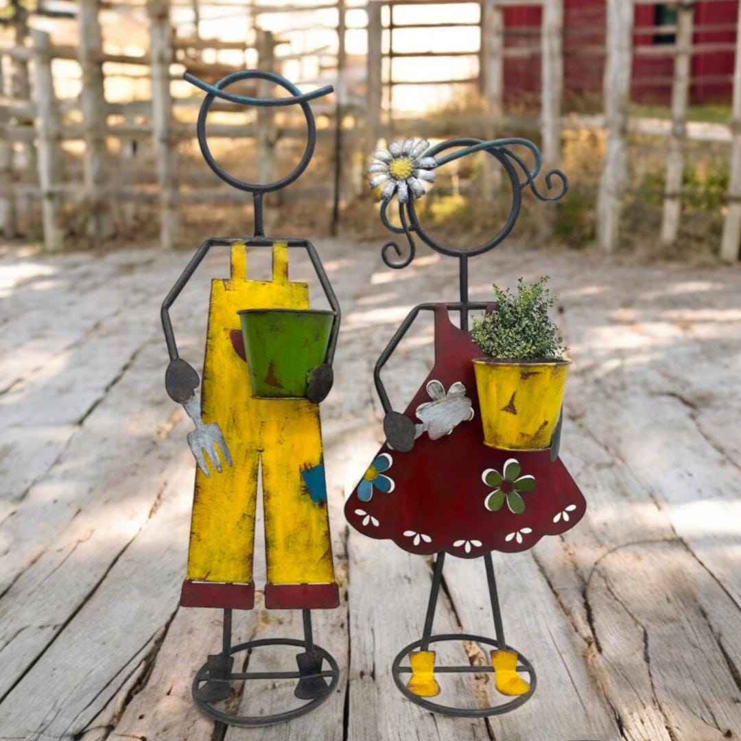 32"H Rustic Metal Garden Statues: Handcrafted Boy & Girl Sculpture Set