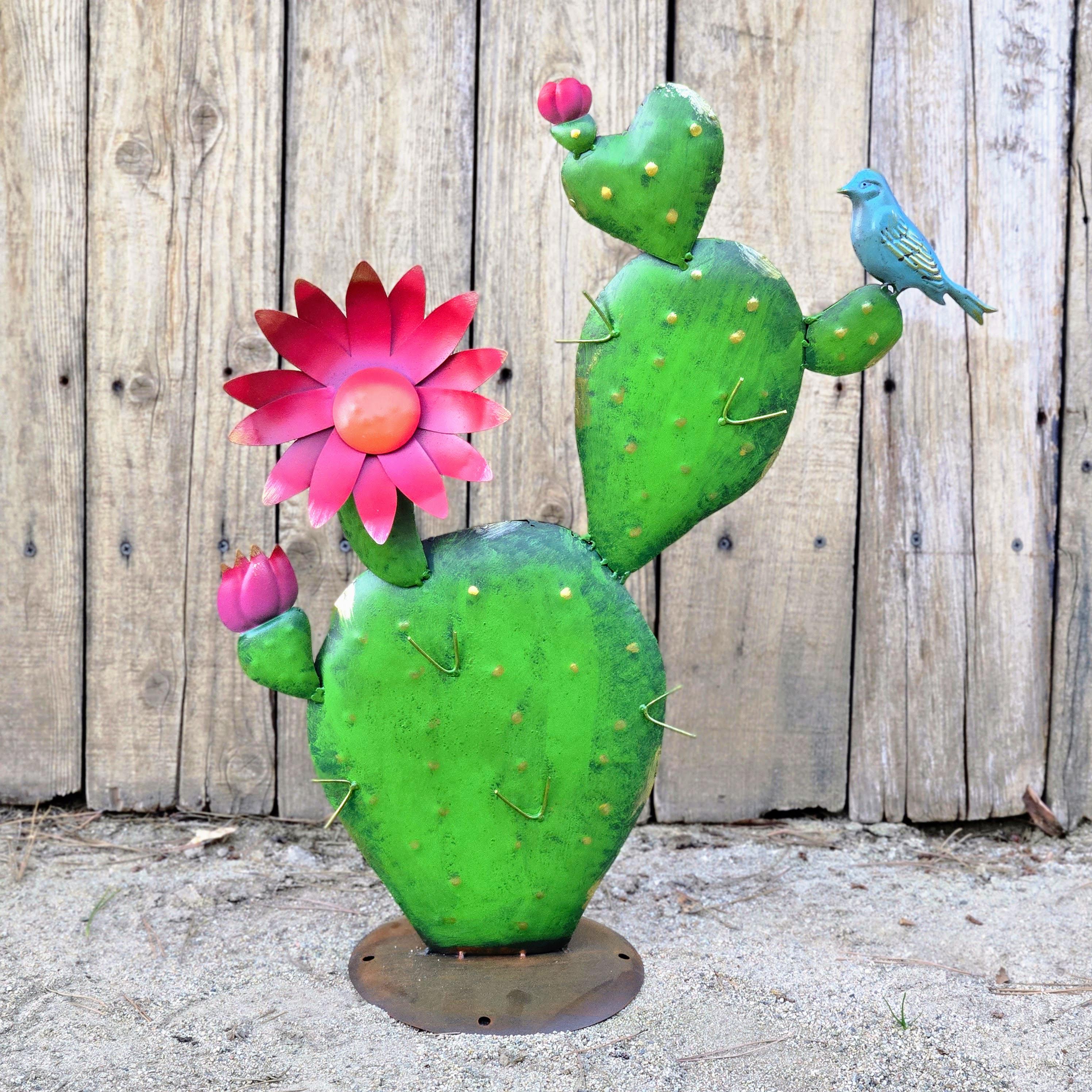 Hand Painted Metal Prickly Pear Cactus Sculpture, Southwest Desert Yard Art with Bird