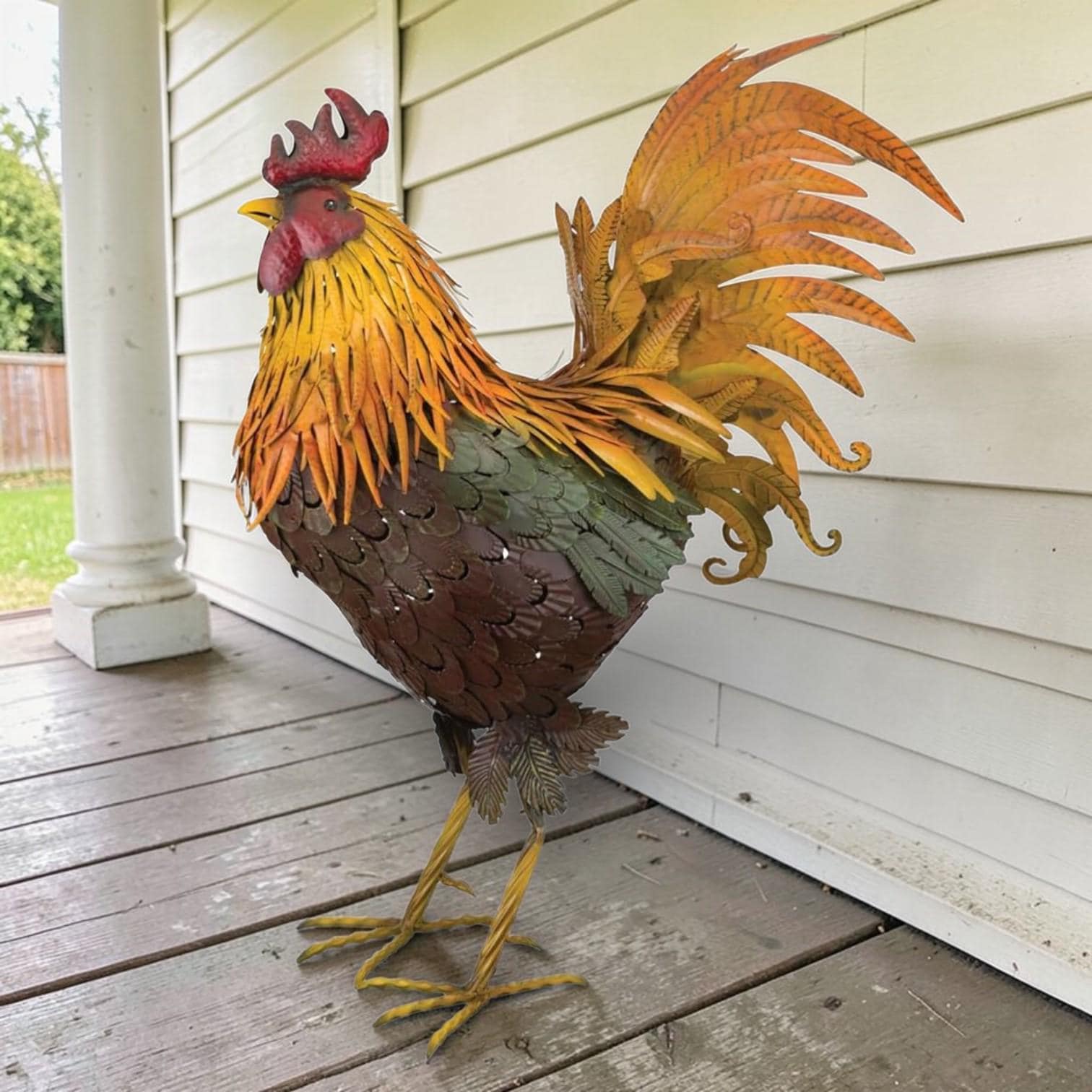 Handcrafted Metal Rooster Garden Statue – Farmhouse Yard Art Chicken Sculpture, Rustic Outdoor Decor