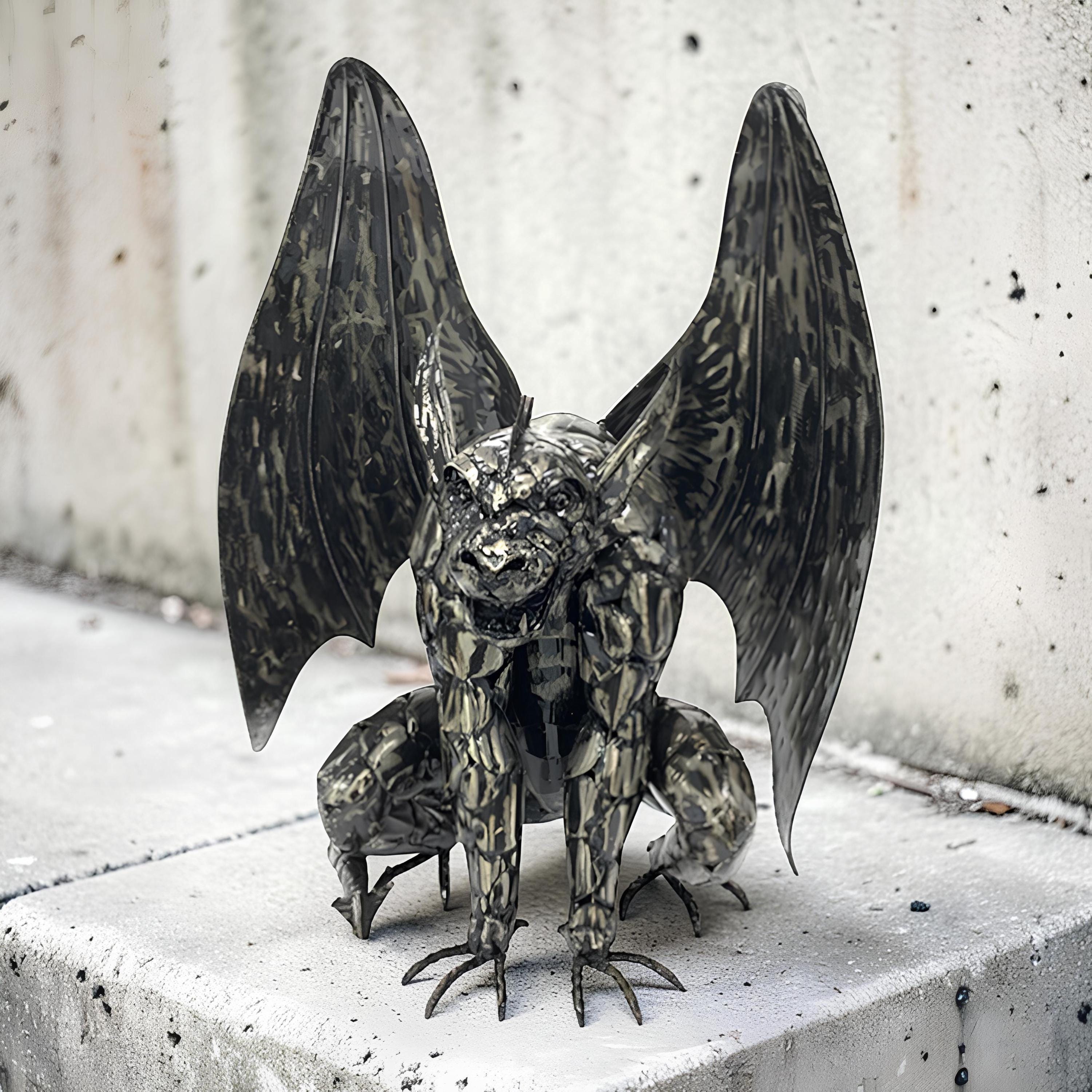 Metal Gargoyle Garden Decor – Gothic Winged Dragon Sculpture, Rustic Outdoor Yard Art Statue