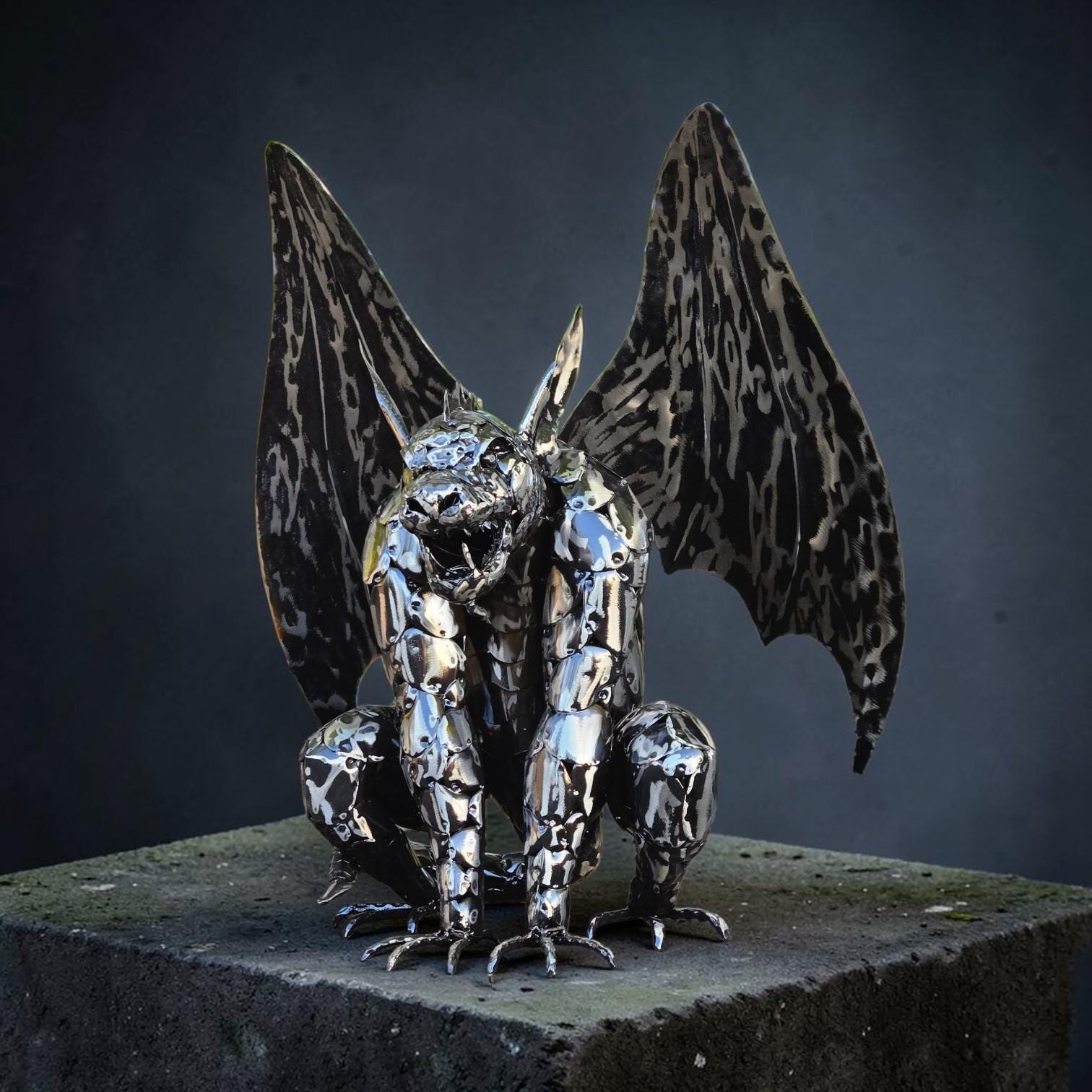 Metal Gargoyle Garden Decor – Gothic Winged Dragon Sculpture, Rustic Outdoor Yard Art Statue