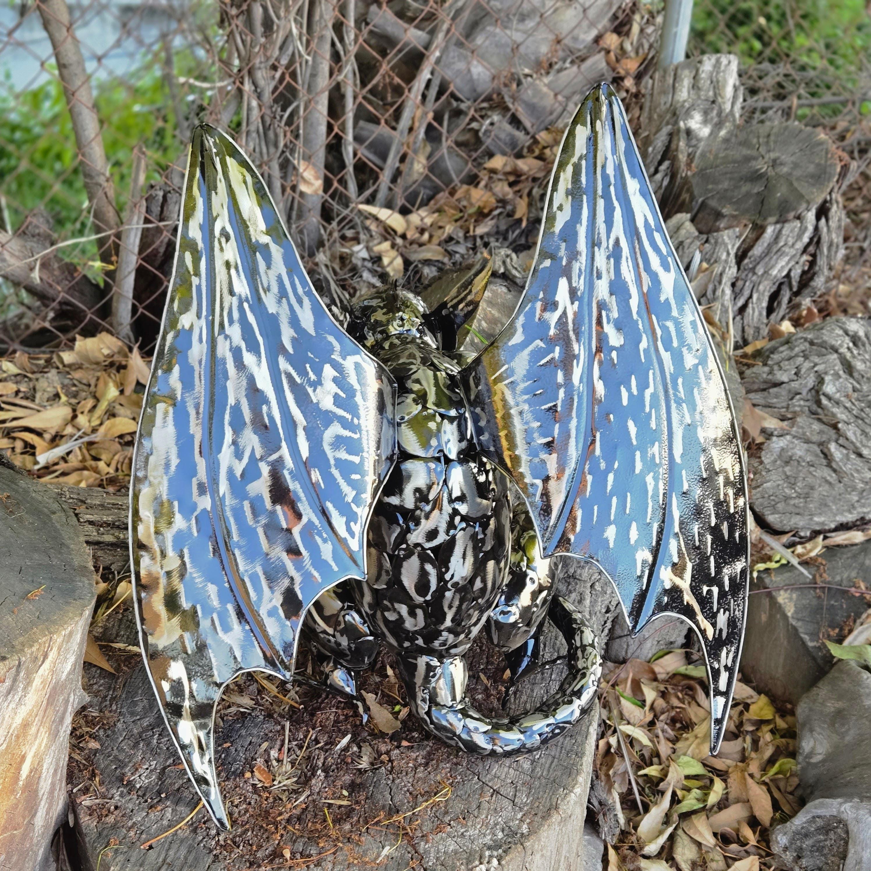 Metal Gargoyle Garden Decor – Gothic Winged Dragon Sculpture, Rustic Outdoor Yard Art Statue