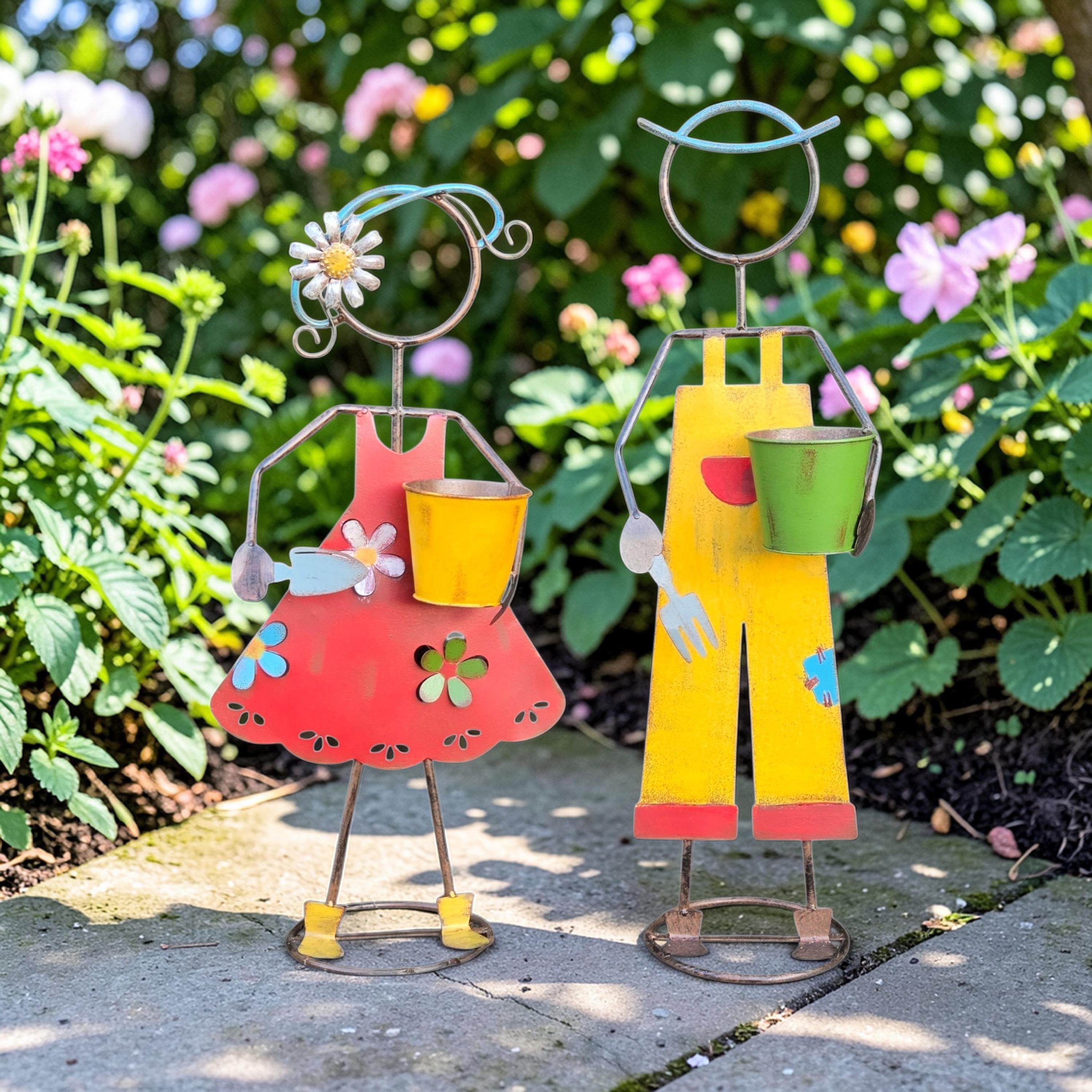 32"H Rustic Metal Garden Statues: Handcrafted Boy & Girl Sculpture Set