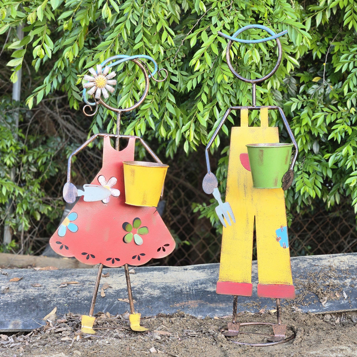 Rustic Metal Garden Statues – Handcrafted Boy & Girl planter Set