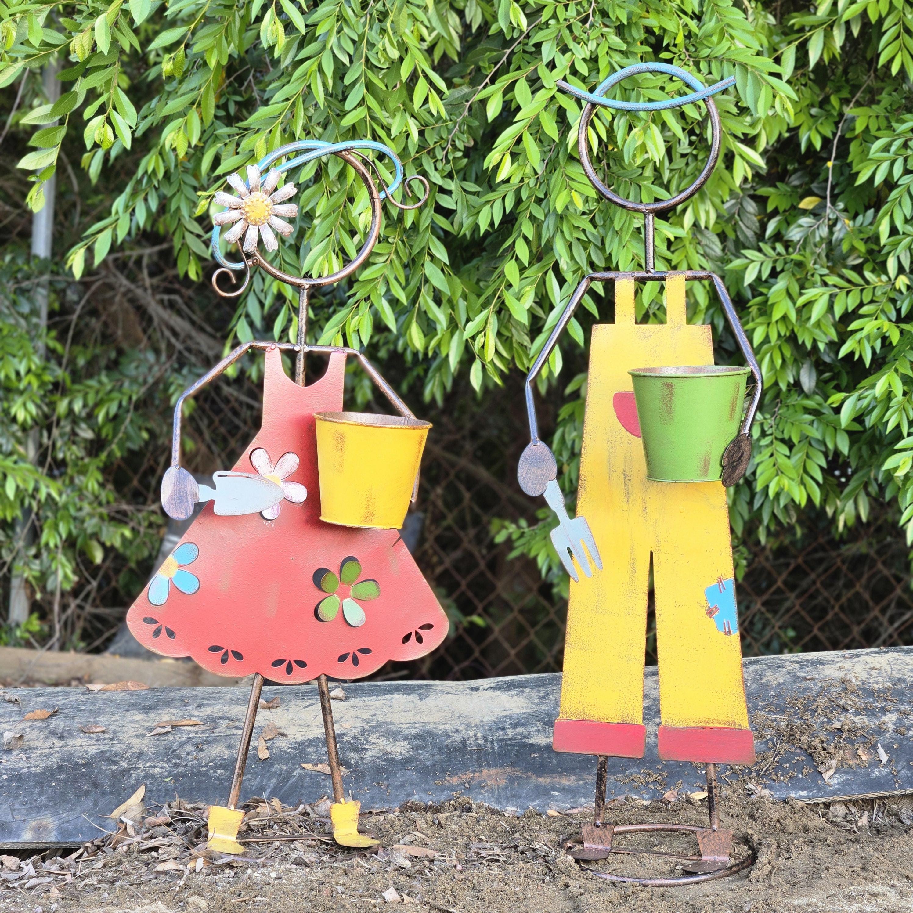 32"H Rustic Metal Garden Statues: Handcrafted Boy & Girl Sculpture Set