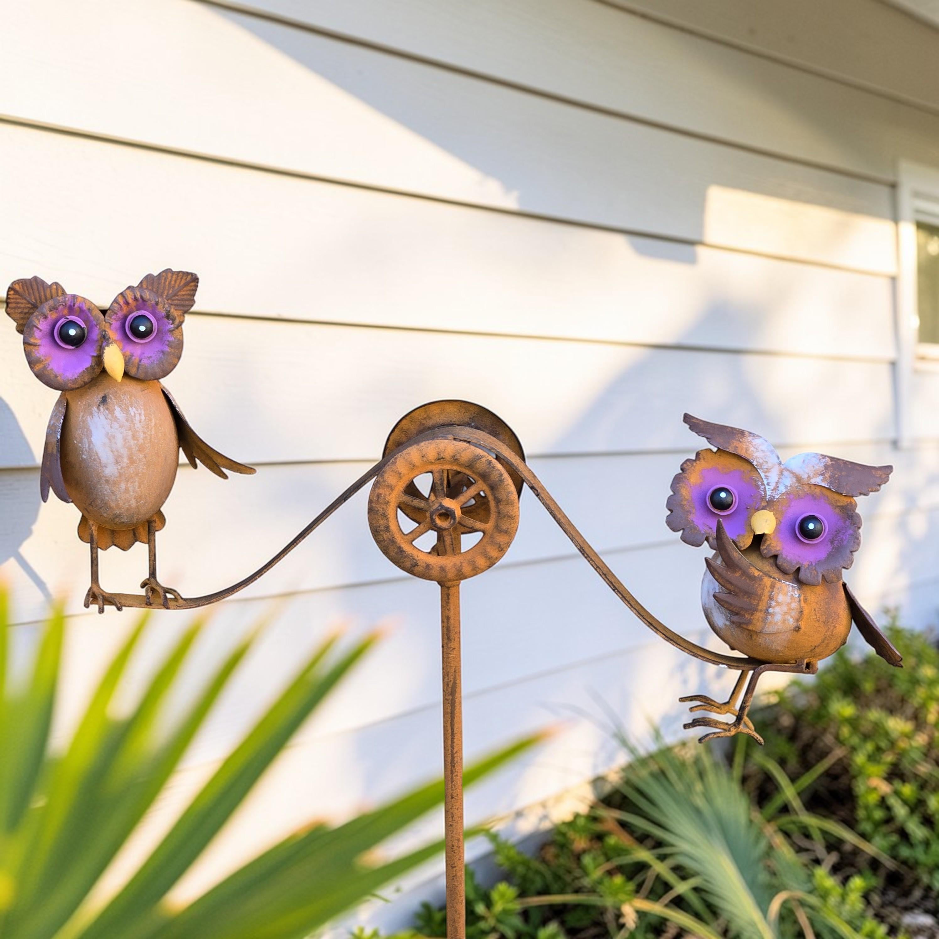 Rustic Metal Owl Wind Spinner: Double Owls Balancing Rocker Yard Stake Garden Art