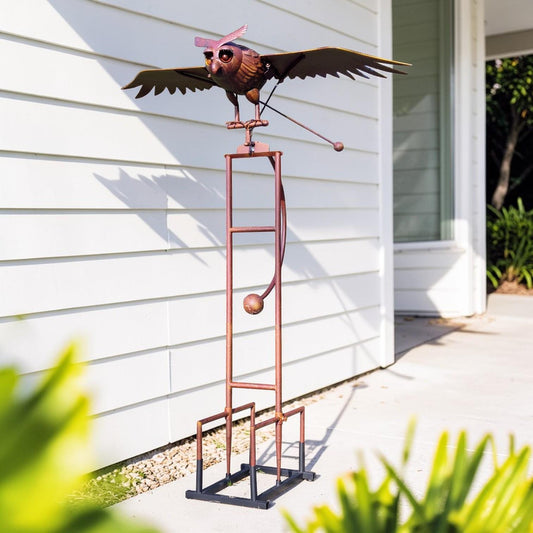 Large Kinetic Metal Owl Sculpture – Rustic Outdoor Garden Art, Balancing Farmhouse Porch Decor