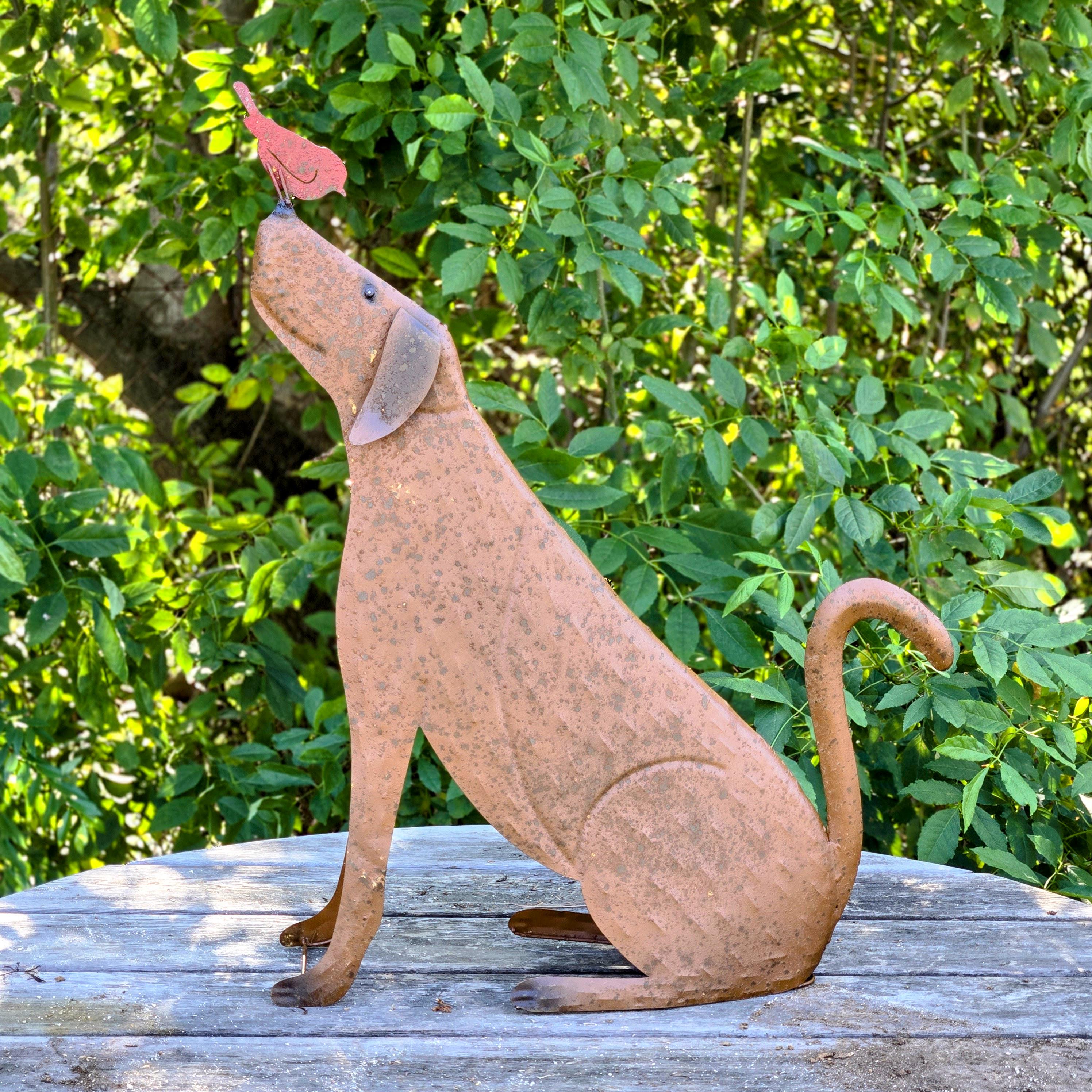 Metal Dog Sculpture with Bird – Rustic Garden Yard Art, Farmhouse Patio Decor