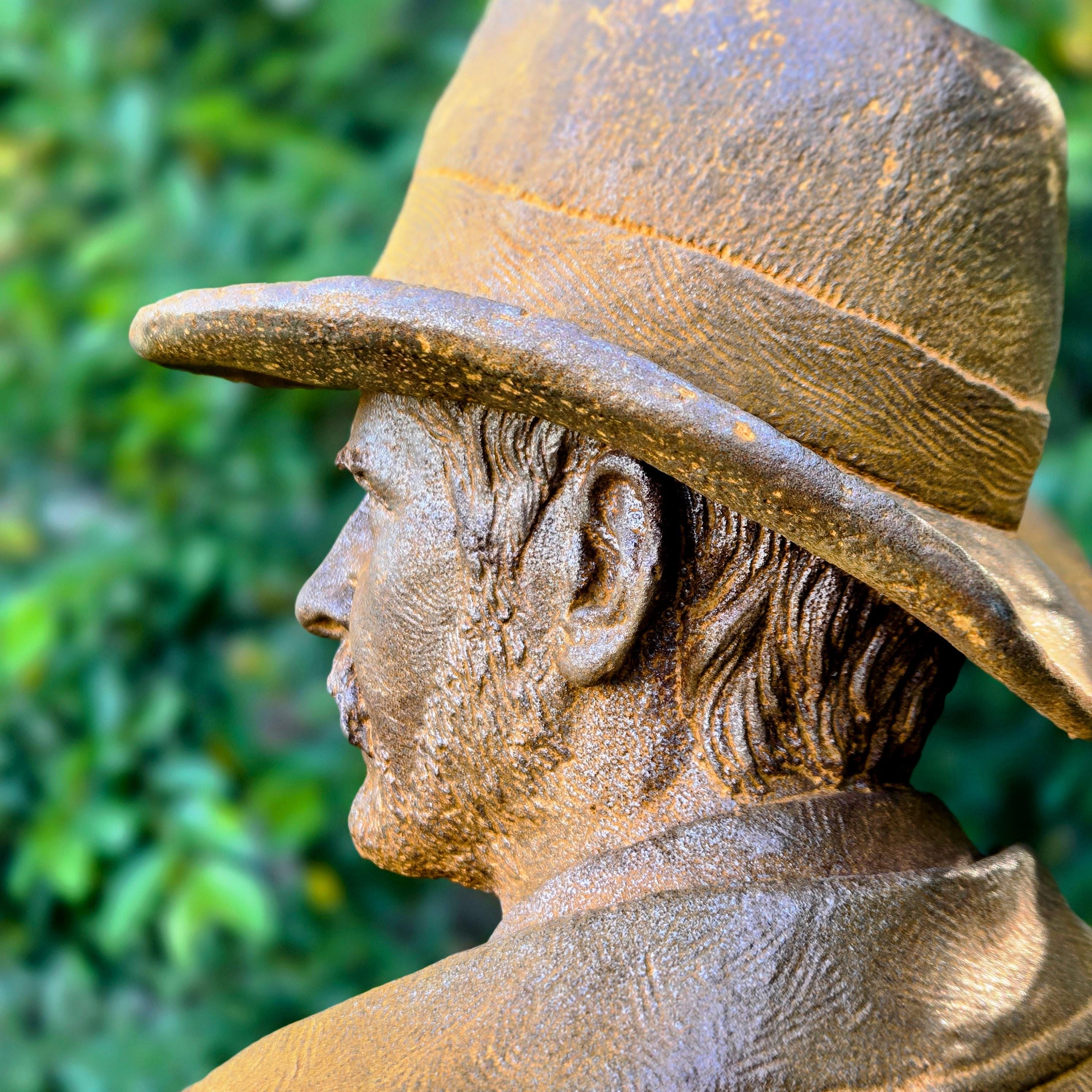 Cast Iron Cowboy Bust Sculpture – Rustic Western Garden Statue, Farmhouse Decor