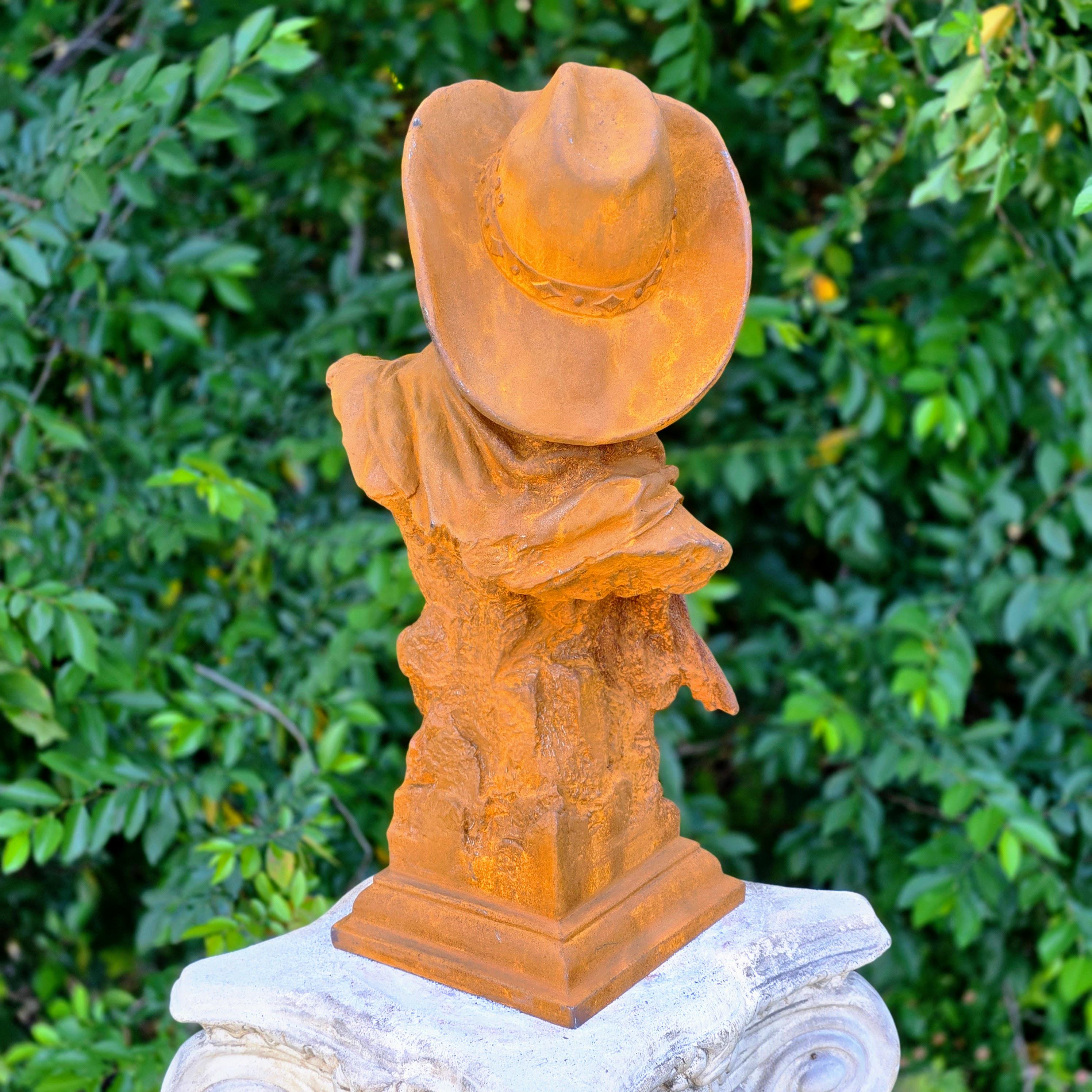 Cast Iron Cowboy Bust Sculpture – Rustic Western Art Statue, Garden Decor