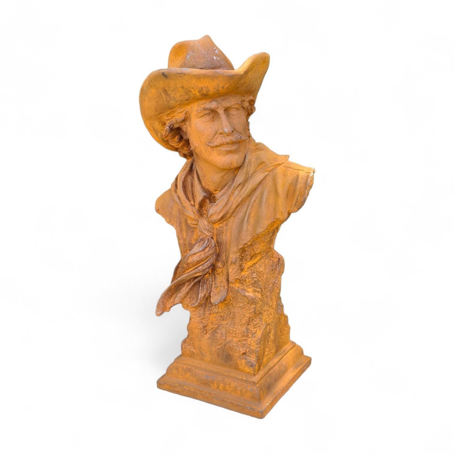 Cast Iron Cowboy Bust Sculpture – Rustic Western Art Statue, Garden Decor
