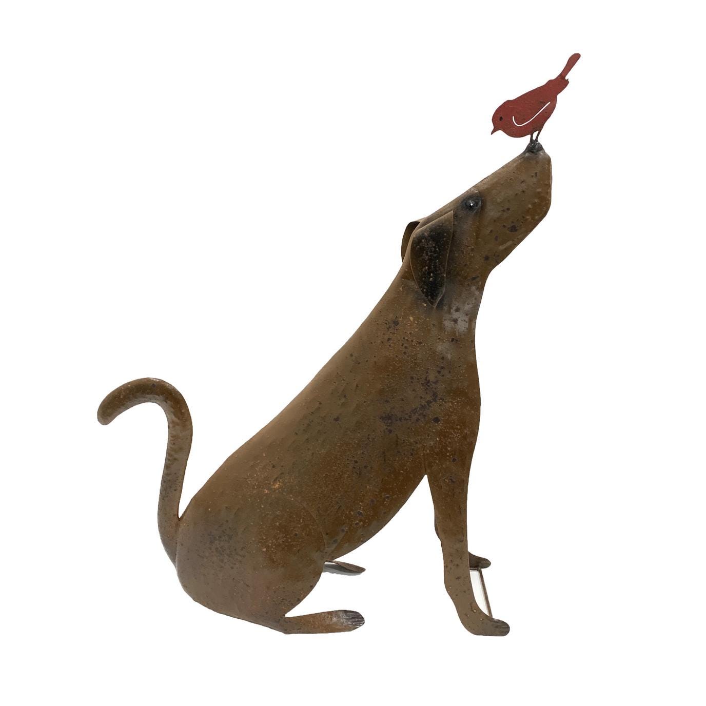 Metal Dog Sculpture with Bird – Rustic Garden Yard Art, Farmhouse Patio Decor