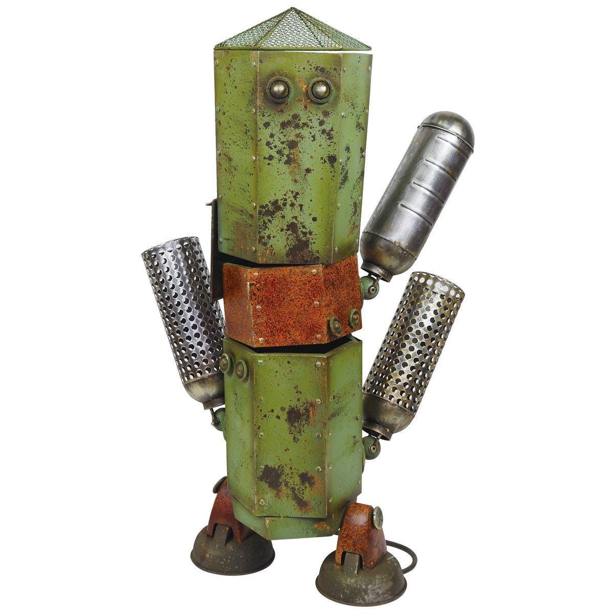 Cactus Robot Metal Garden Sculpture – Rustic Industrial Planter Yard Art for Outdoor Garden Patio