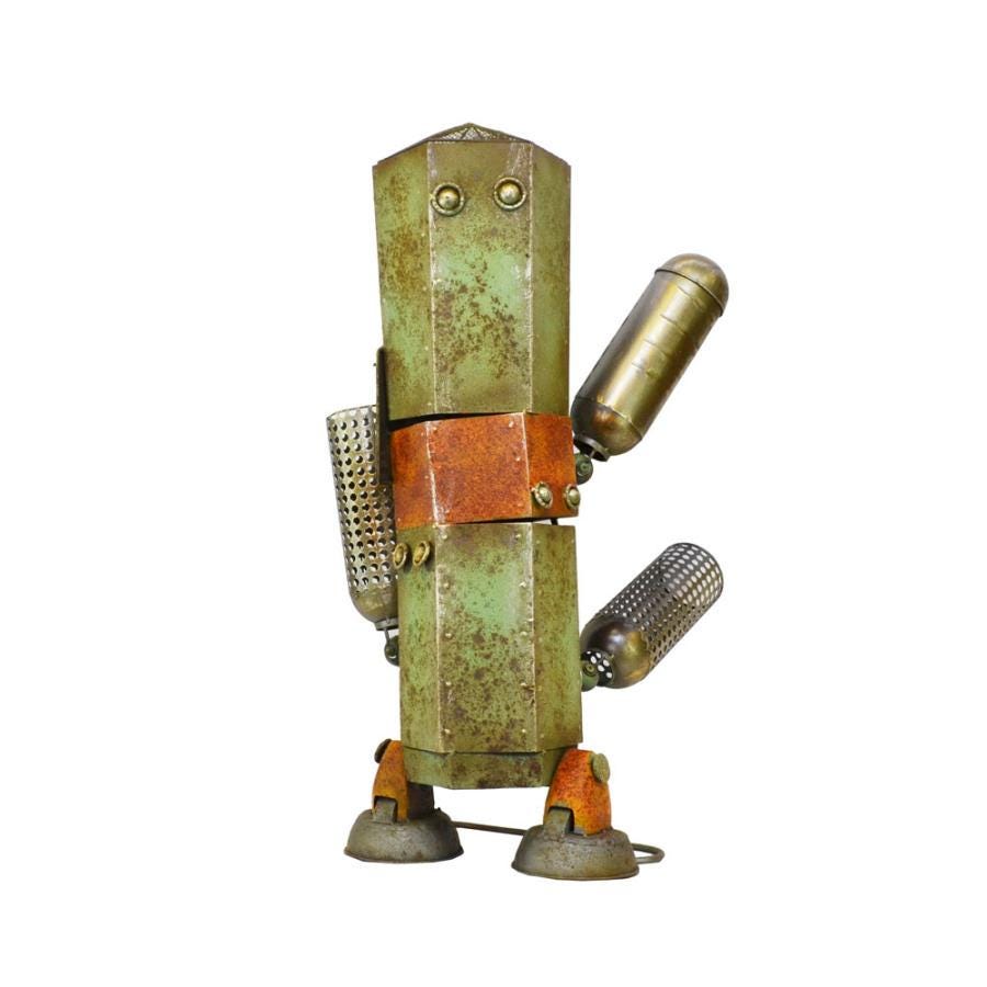 Cactus Robot Metal Garden Sculpture – Rustic Industrial Planter Yard Art for Outdoor Garden Patio