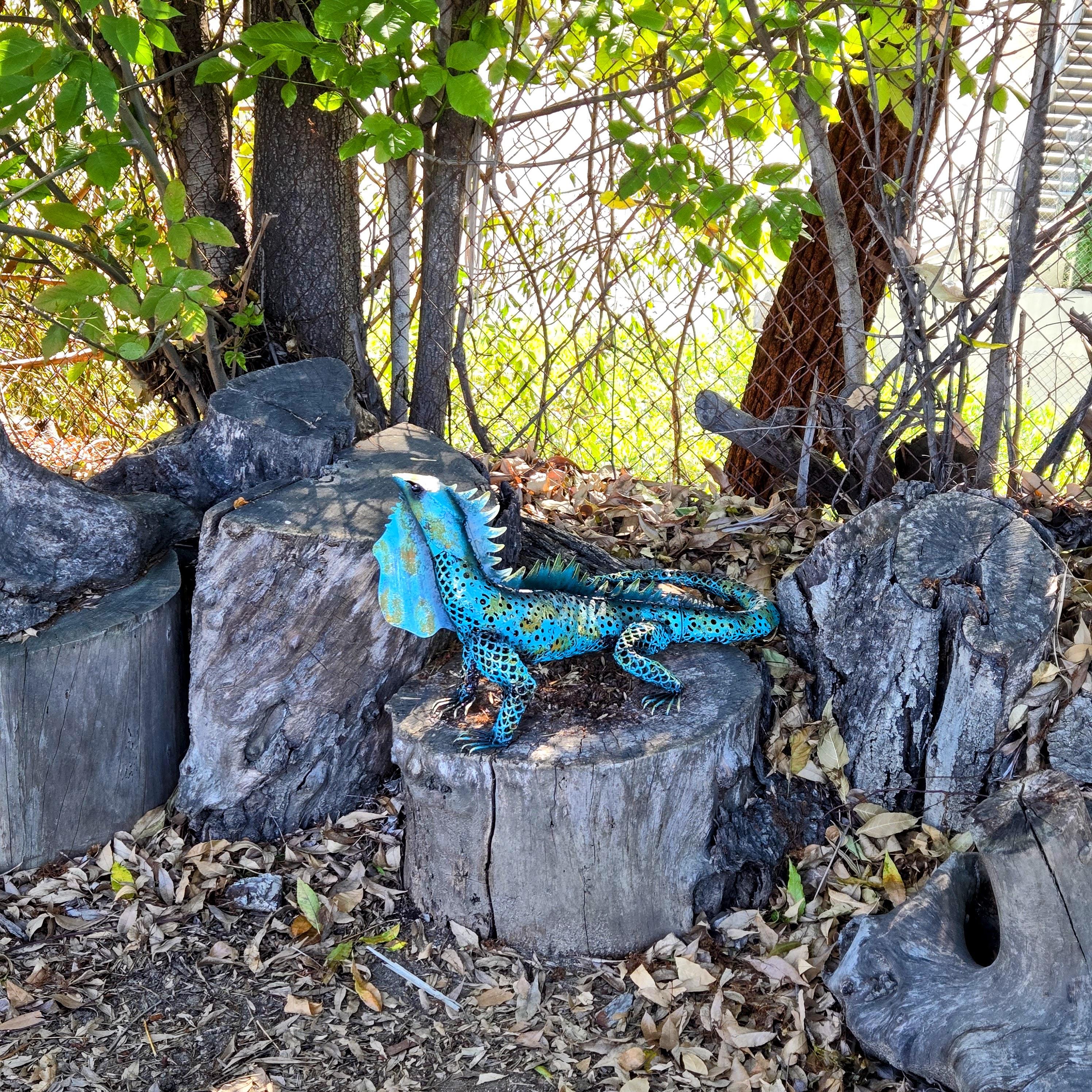 Blue Metal Iguana Garden Sculpture – Rustic Tropical Yard Art Outdoor Garden Decor