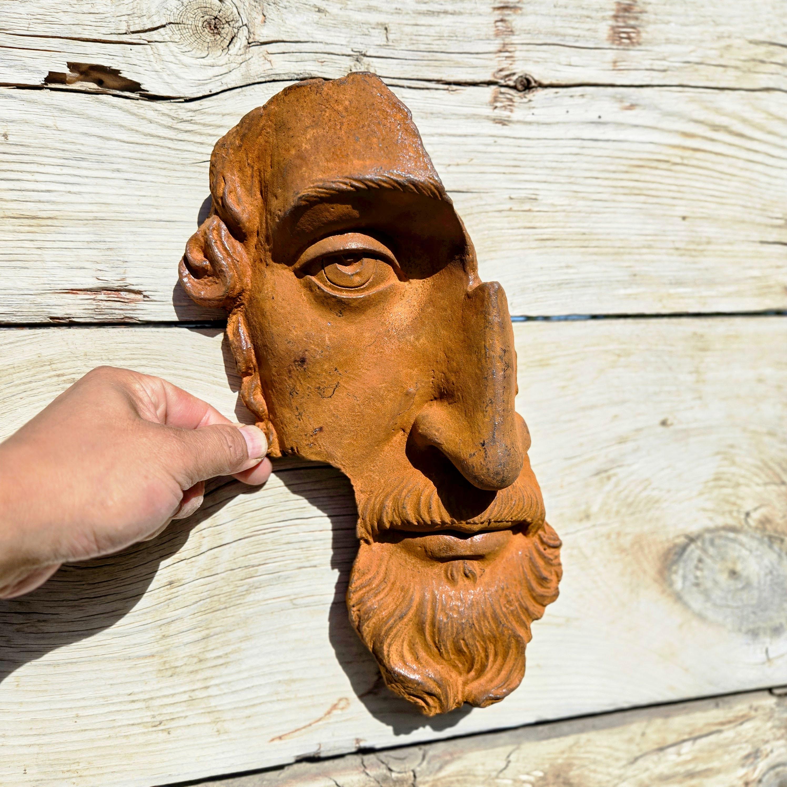Cast Iron Roman Face Wall Sculpture – Rustic Garden Art, Farmhouse Decor