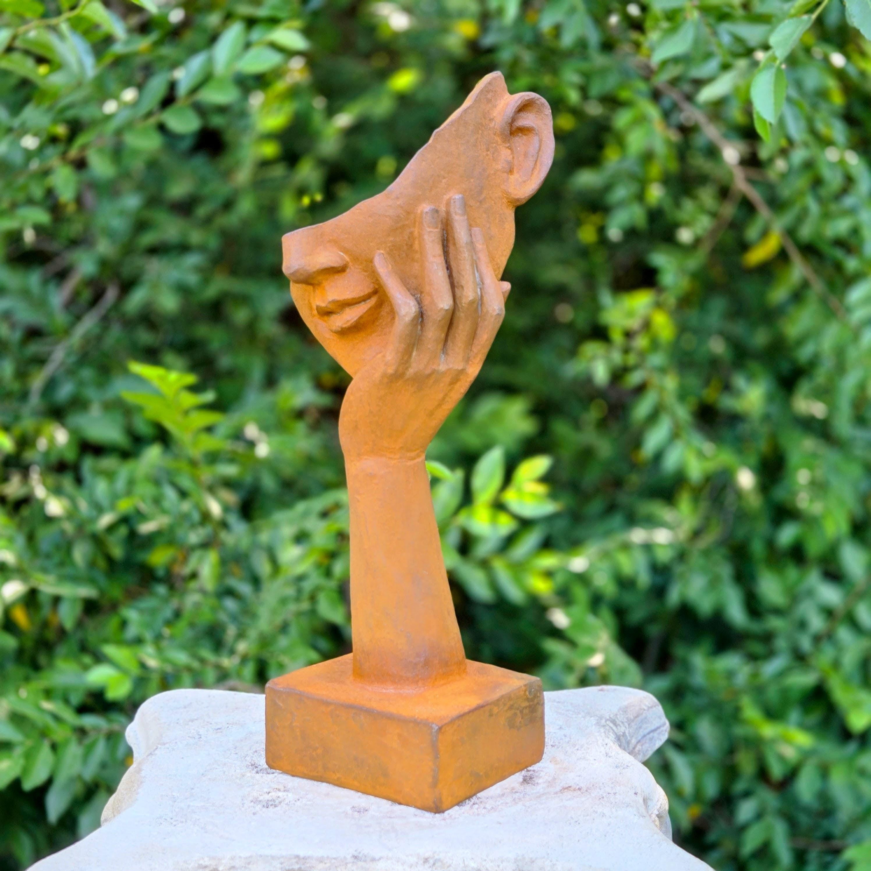 Abstract Metal Face Sculpture – Rustic Garden Statue, Contemplative Hand Art Figurine