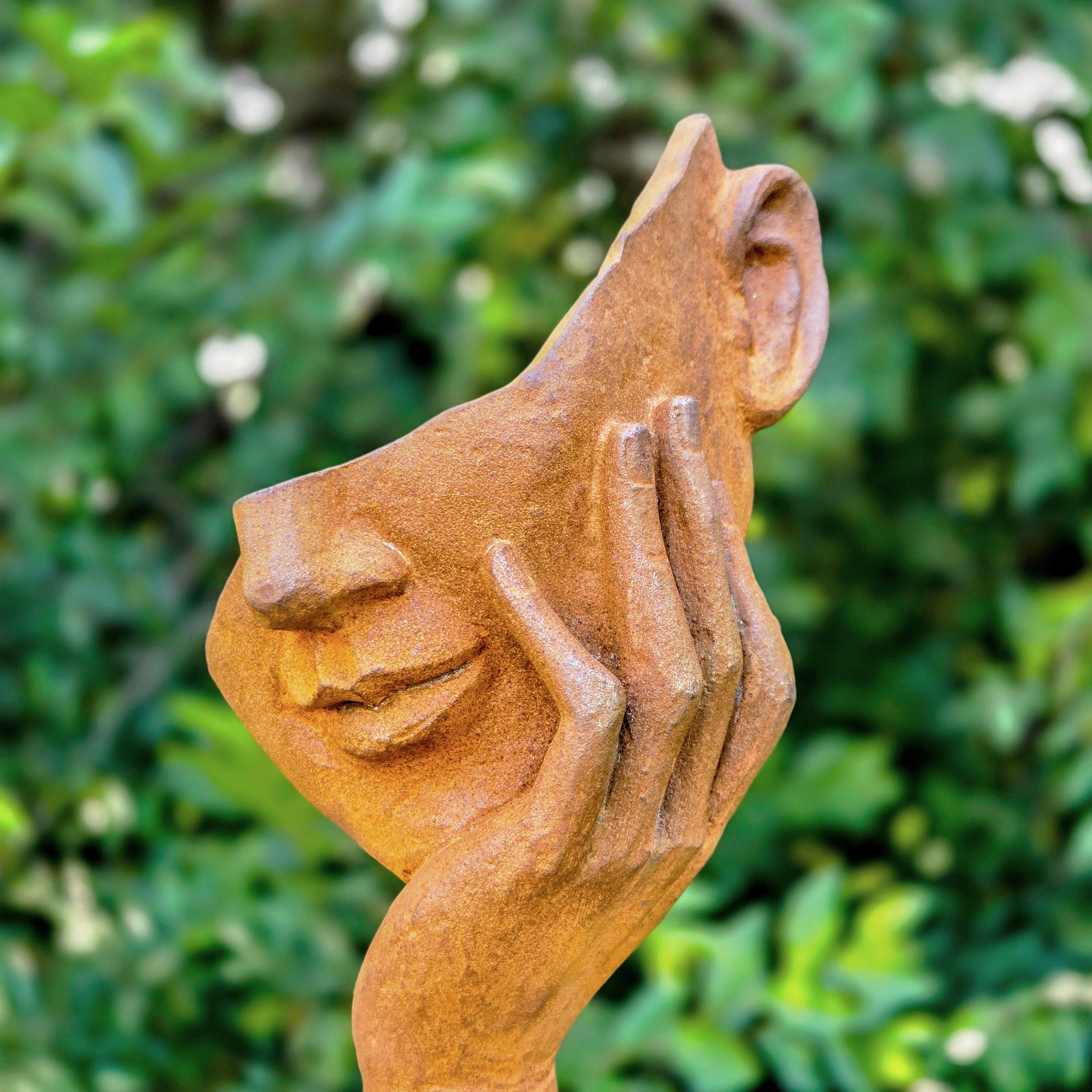 Abstract Metal Face Sculpture – Rustic Garden Statue, Contemplative Hand Art Figurine