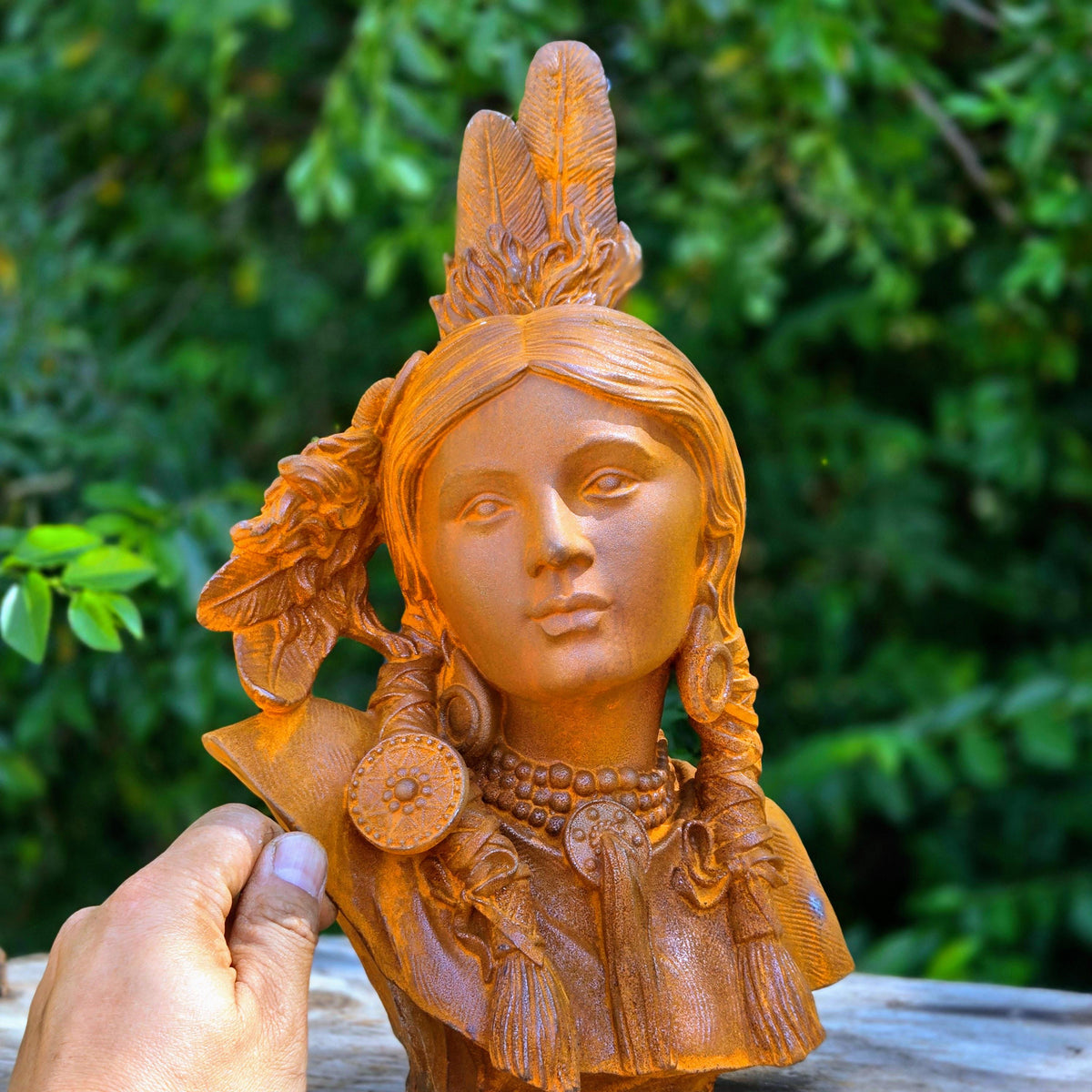 Cast Iron Native American Woman Bust Statue – Rustic Vintage Garden Sculpture Outdoor Yard Art