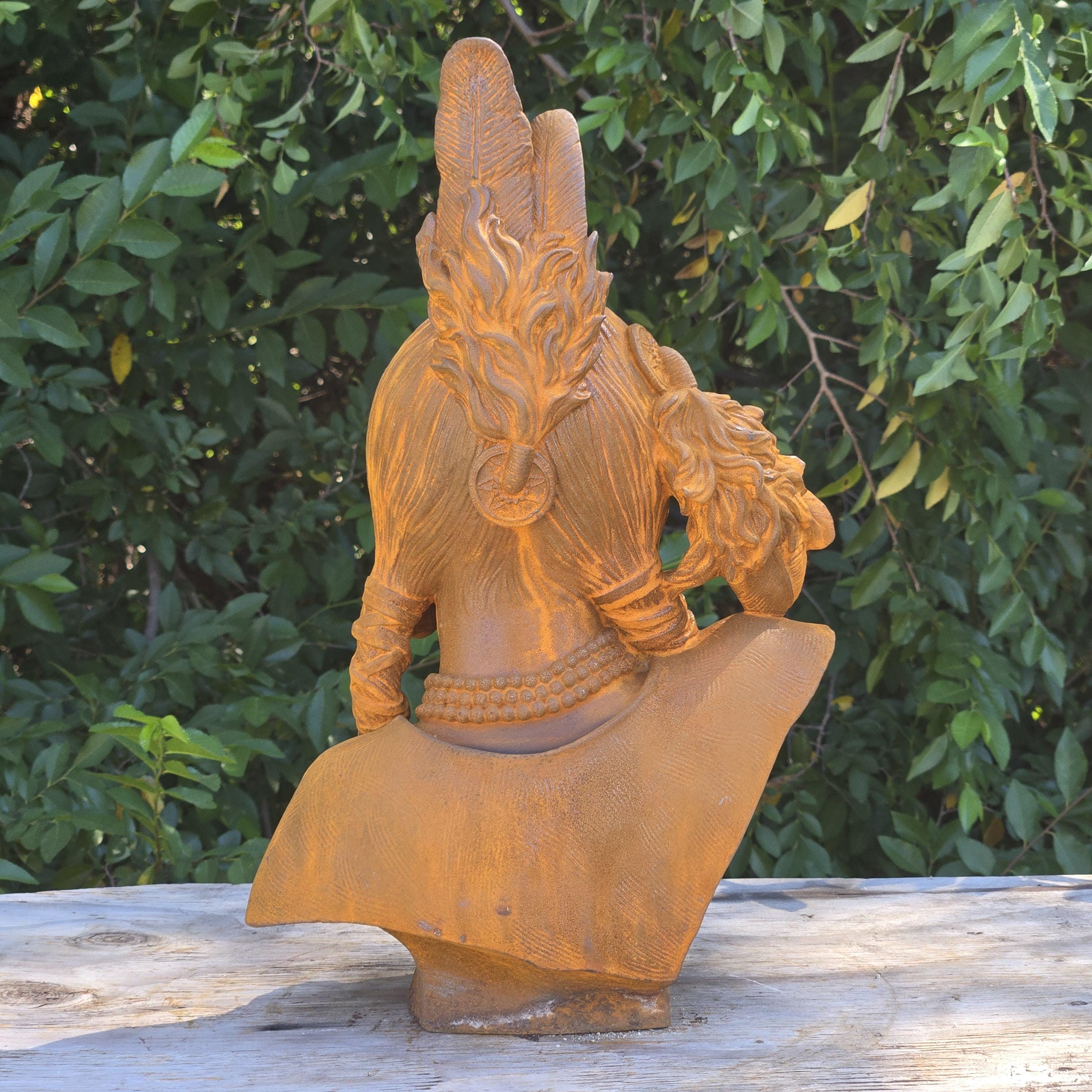 Cast Iron Native American Woman Bust Statue – Rustic Vintage Garden Sculpture Outdoor Yard Art