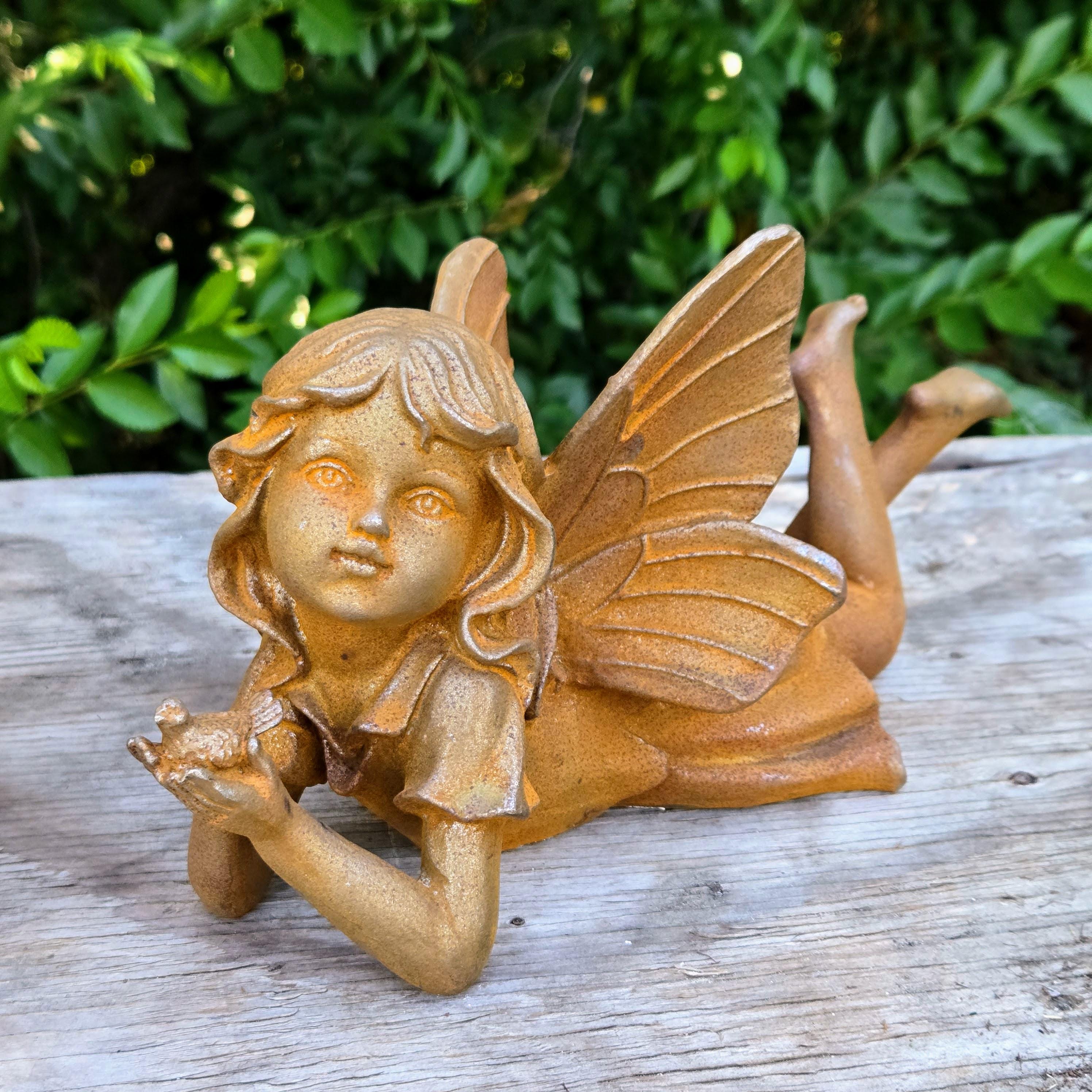 Cast Iron Fairy Statues Set – Rustic Vintage Angel Garden Yard Art (Set of 2)
