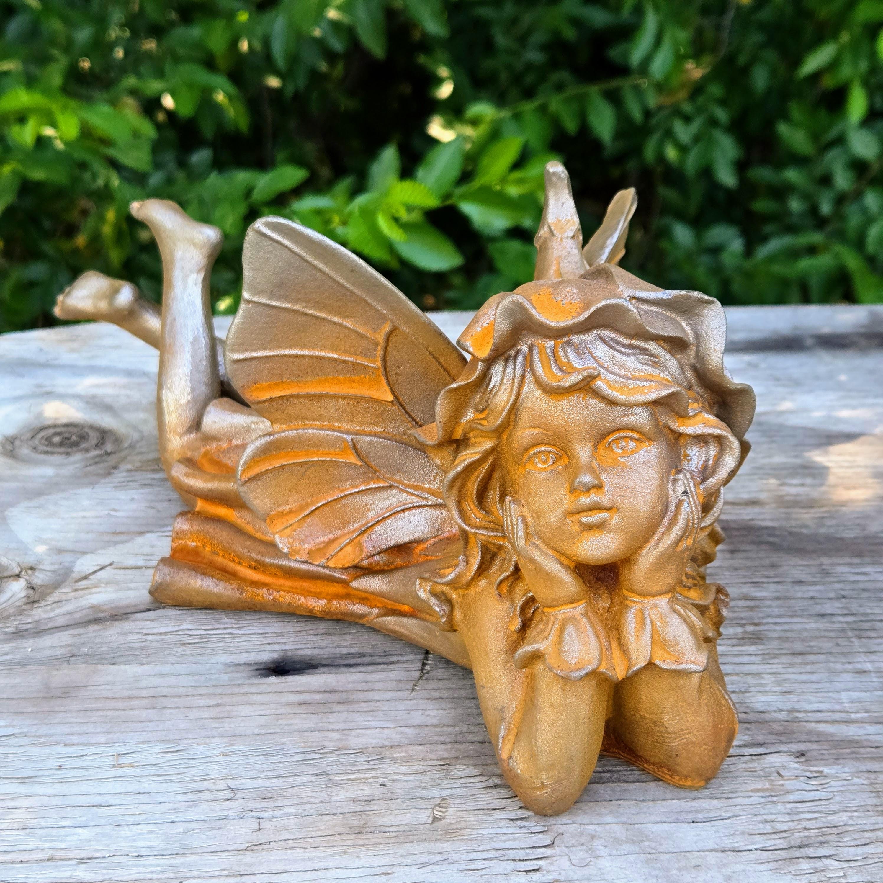 Cast Iron Fairy Statues Set – Rustic Vintage Angel Garden Yard Art (Set of 2)