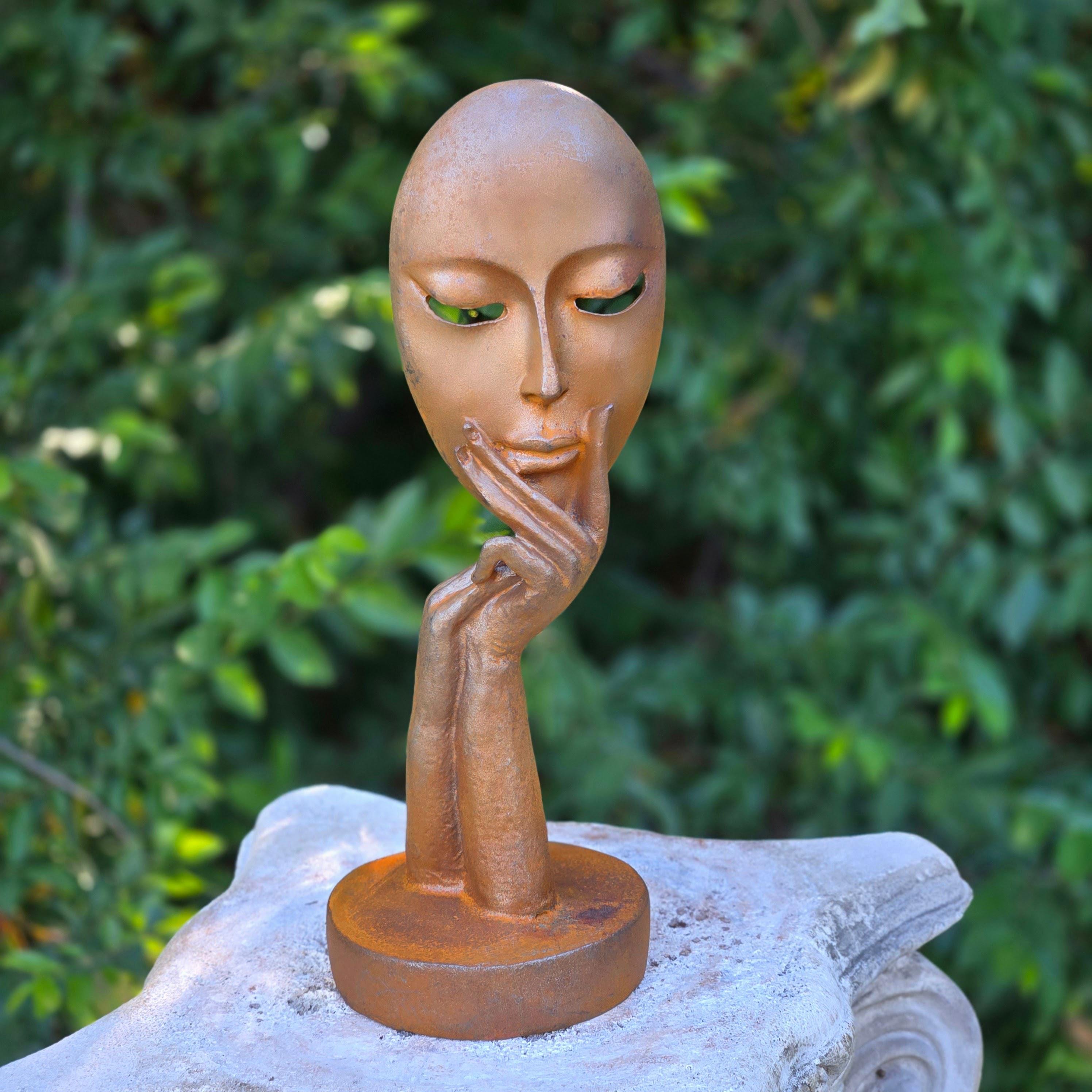 Cast Iron Abstract Face Sculpture – Rustic Patina, Minimalist Metal Statue