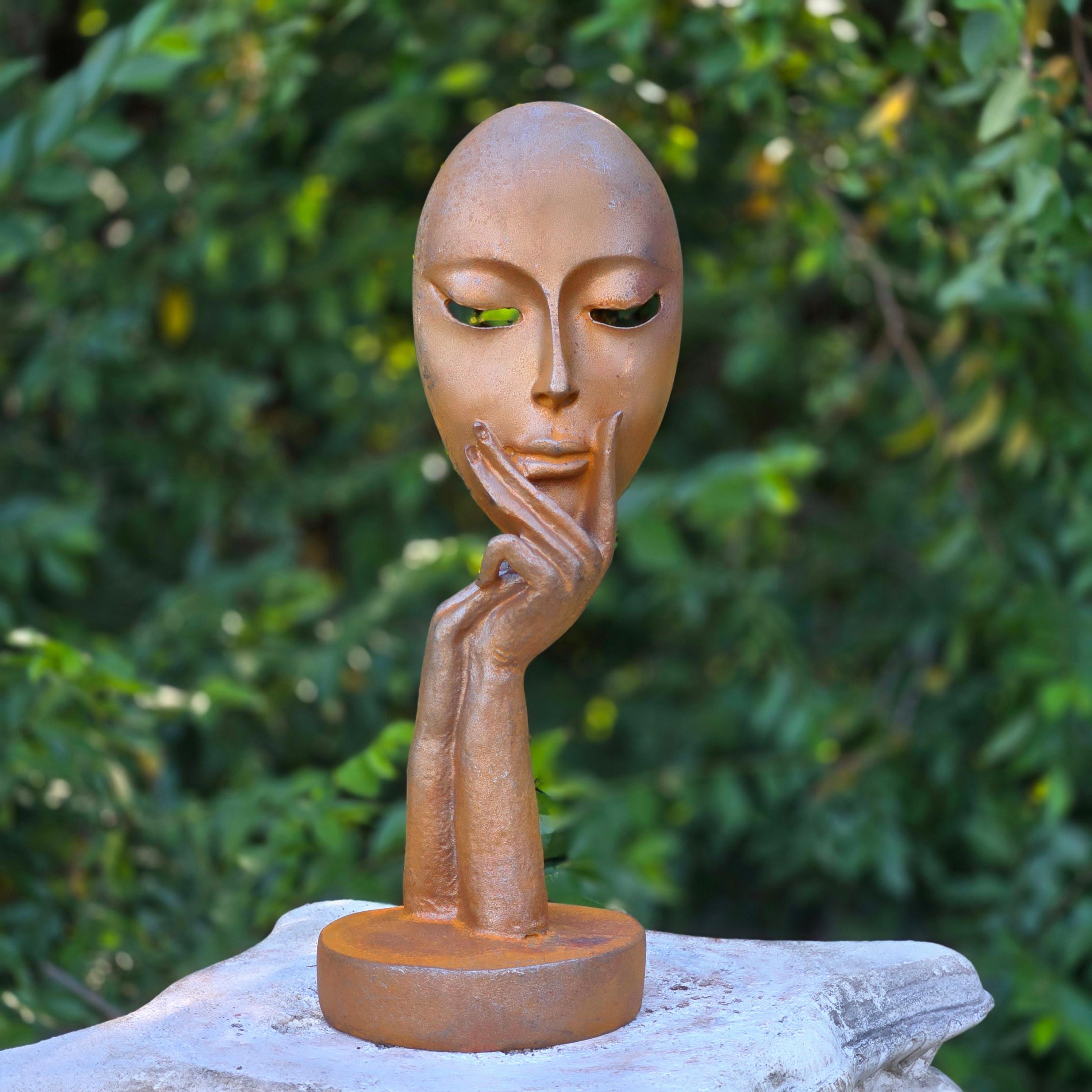 Cast Iron Abstract Face Sculpture – Rustic Patina, Minimalist Metal Statue