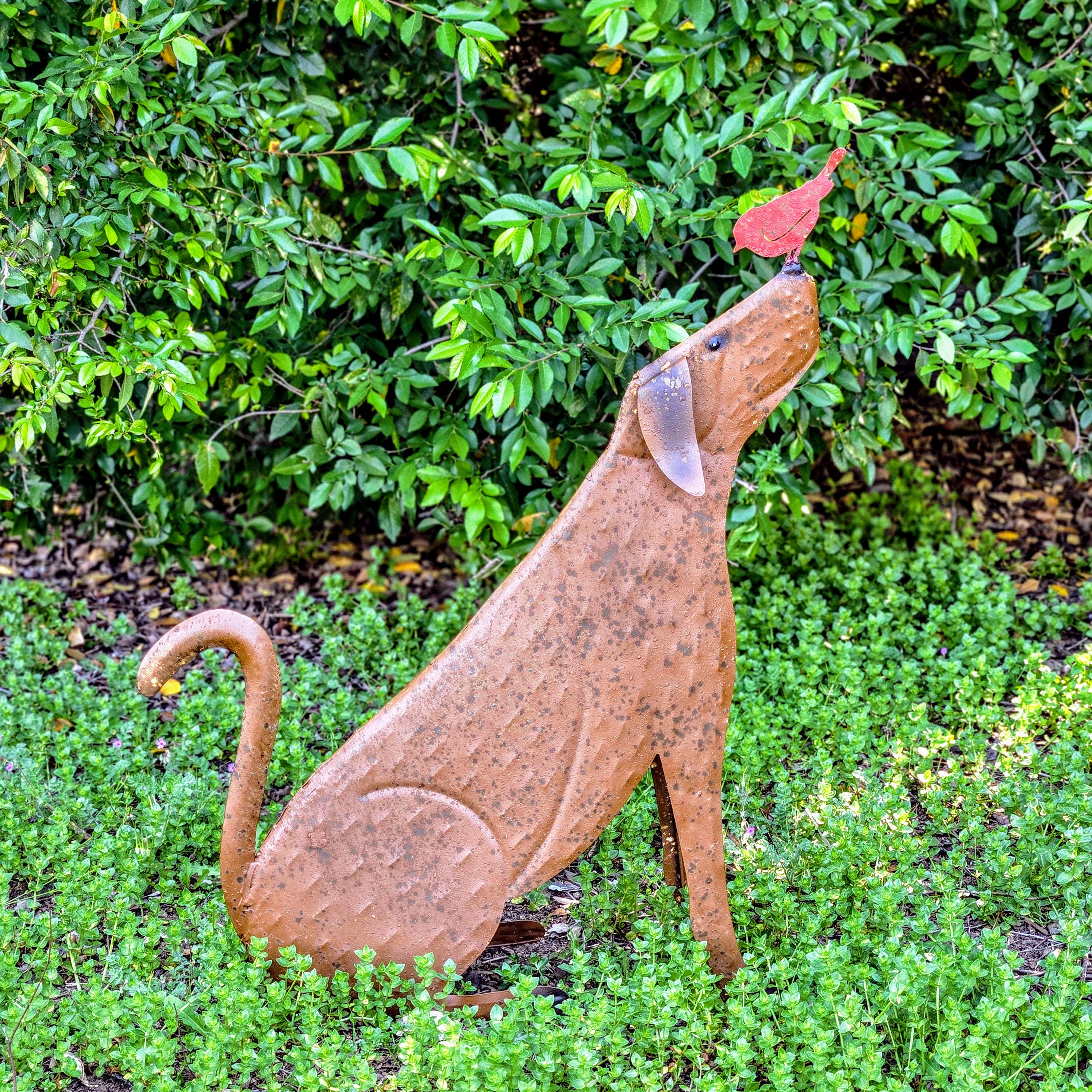 Metal Dog Sculpture with Bird – Rustic Garden Yard Art, Farmhouse Patio Decor