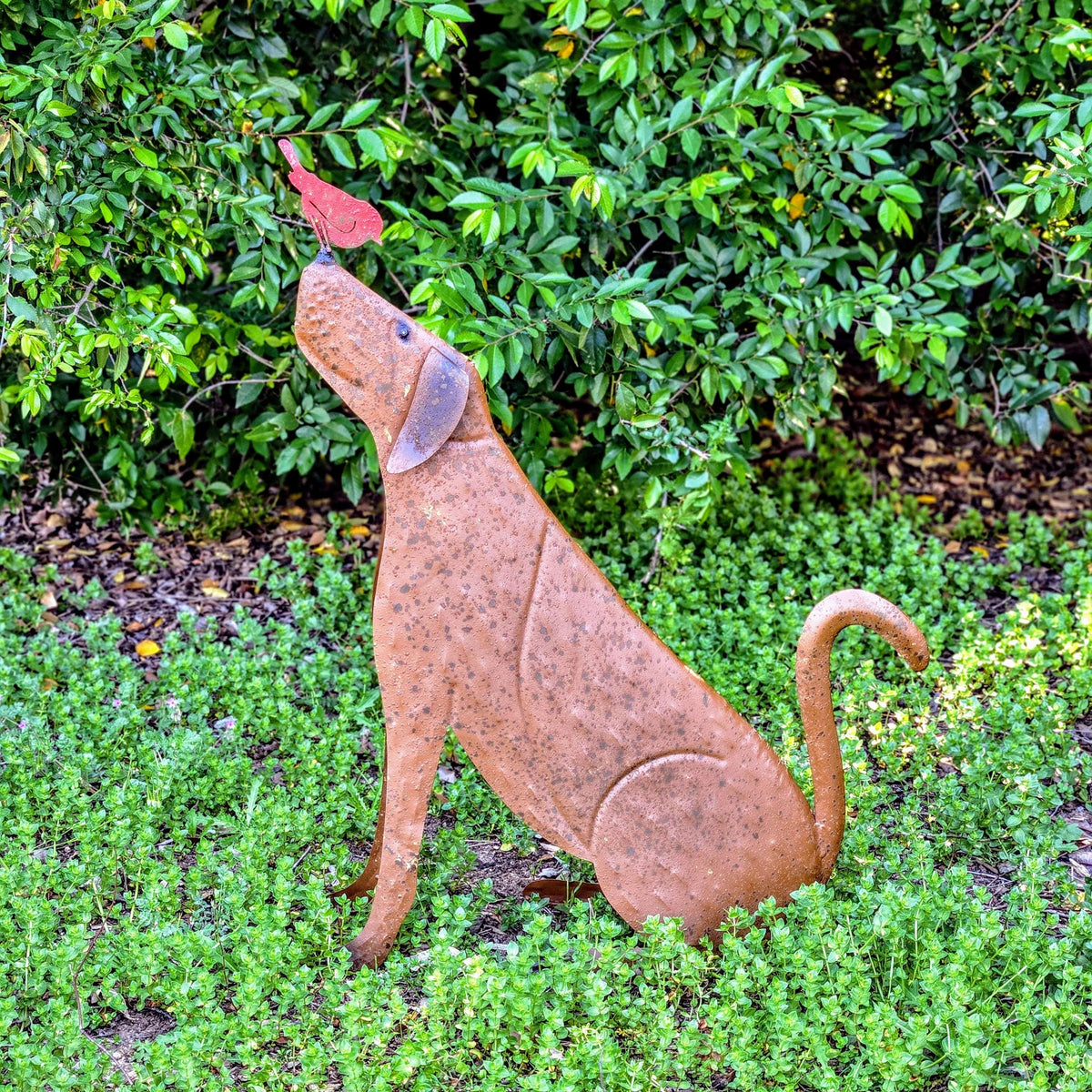 Metal Dog Sculpture with Bird – Rustic Garden Yard Art, Farmhouse Patio Decor