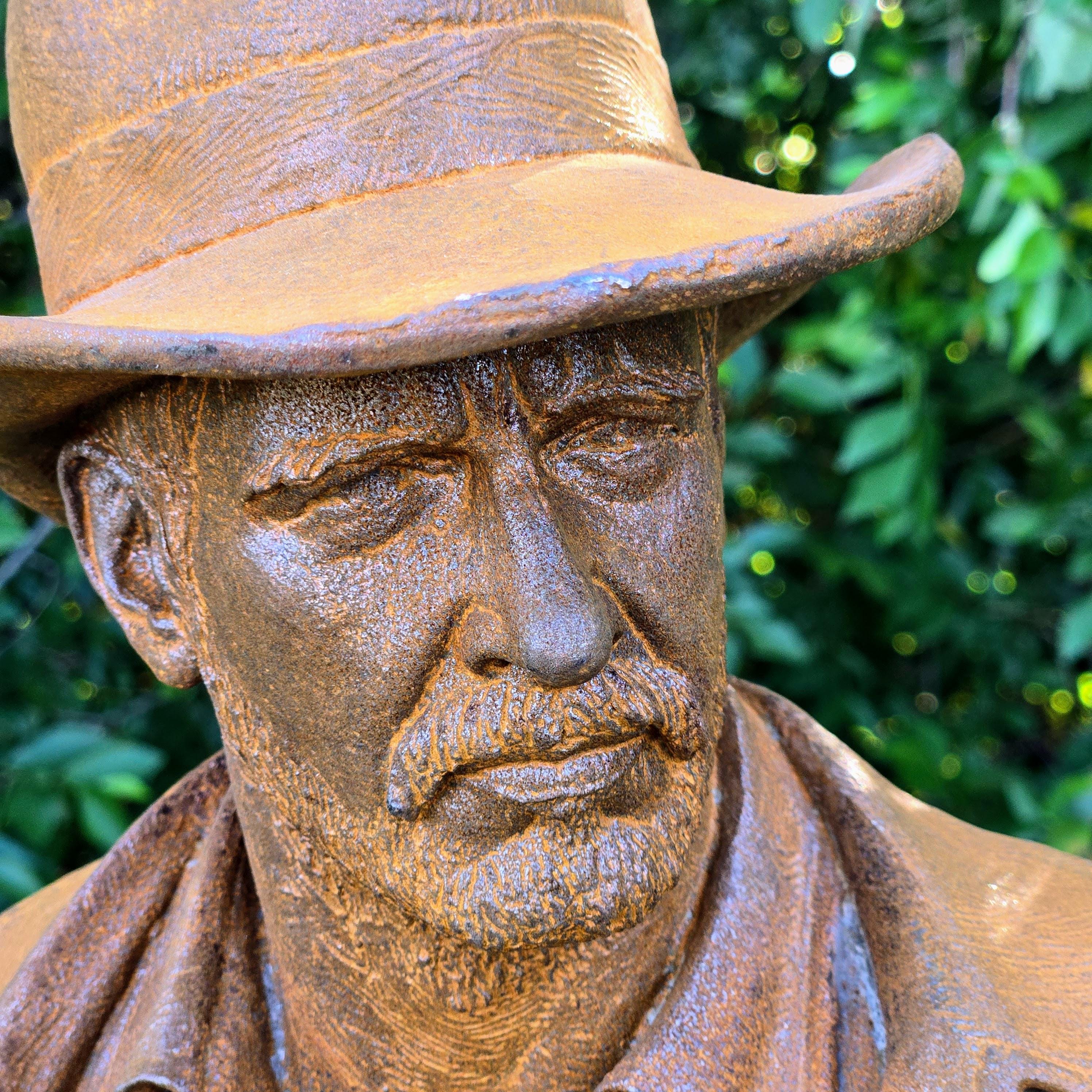 Cast Iron Cowboy Bust Sculpture – Rustic Western Garden Statue, Farmhouse Decor